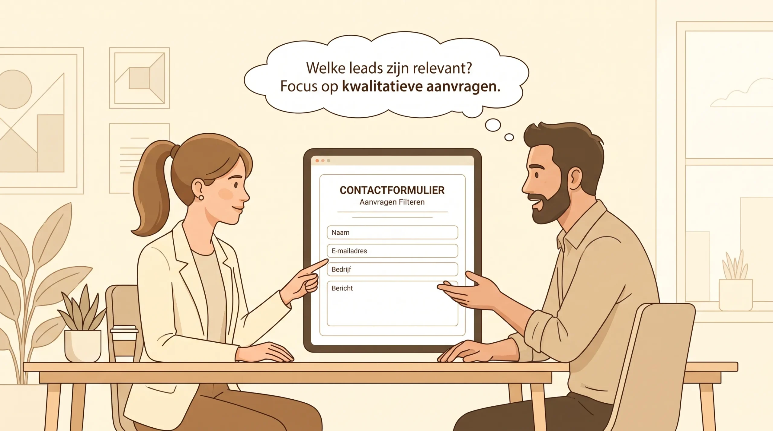 Een marketeer en salescollega bekijken samen een leeg contactformulier en bespreken welke aanvragen passen bij hun bedrijf.