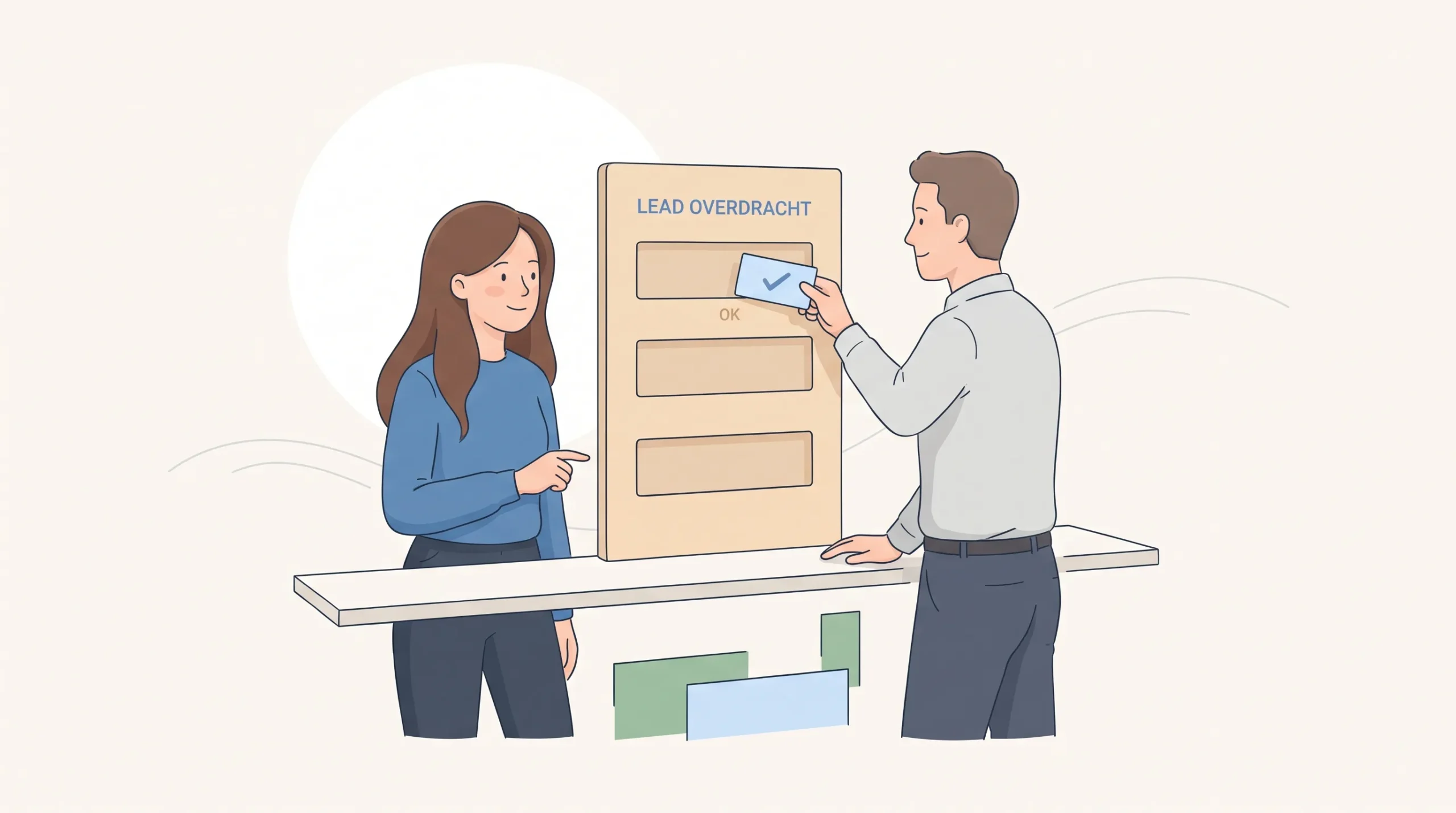 Een marketingspecialist en sales manager bekijken samen een eenvoudige lead-handoff bij online marketing expertise en taakverdeling.