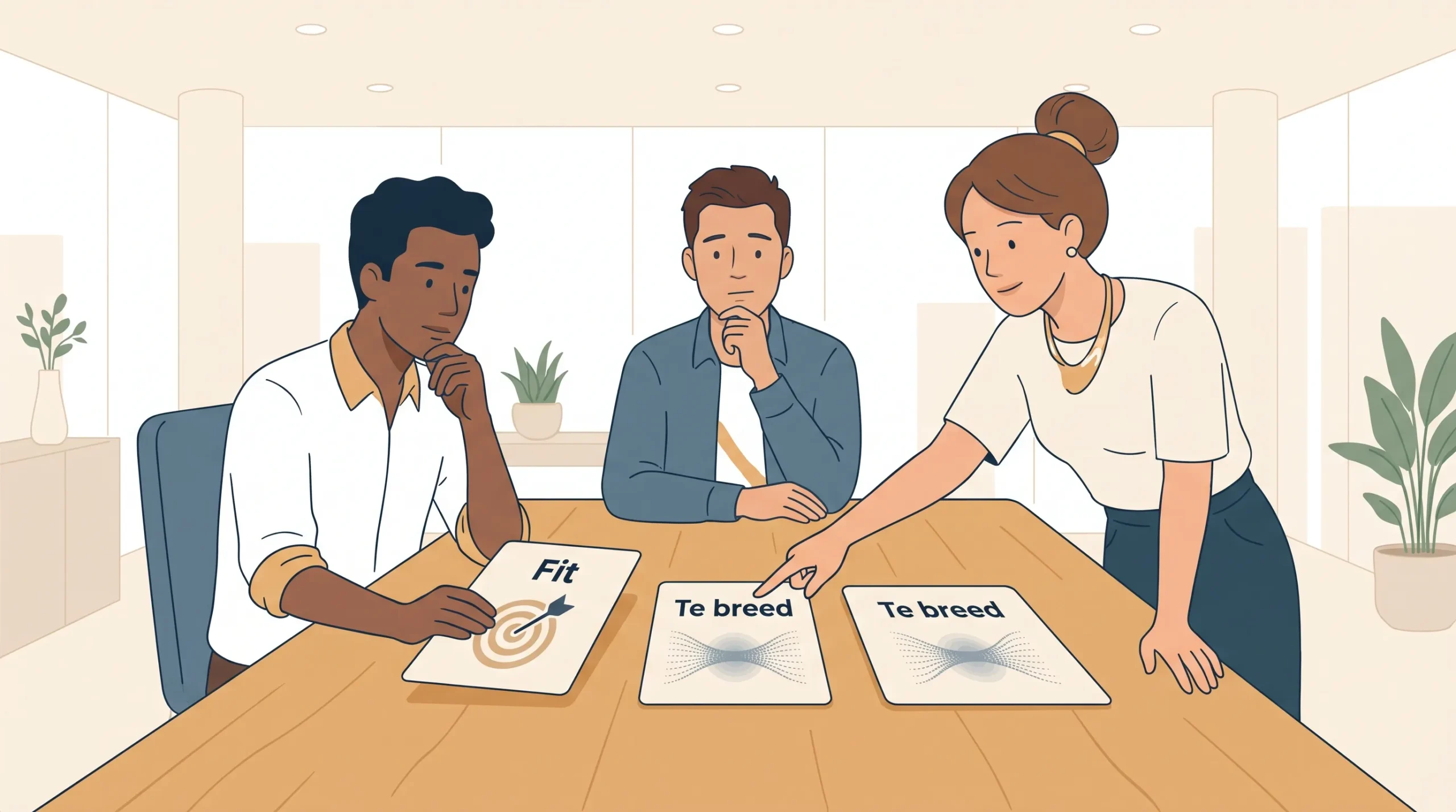 Een marketingteam kiest tussen drie eenvoudige klantsegmentkaarten op tafel, met de labels ‘Fit’ en ‘Te breed’.