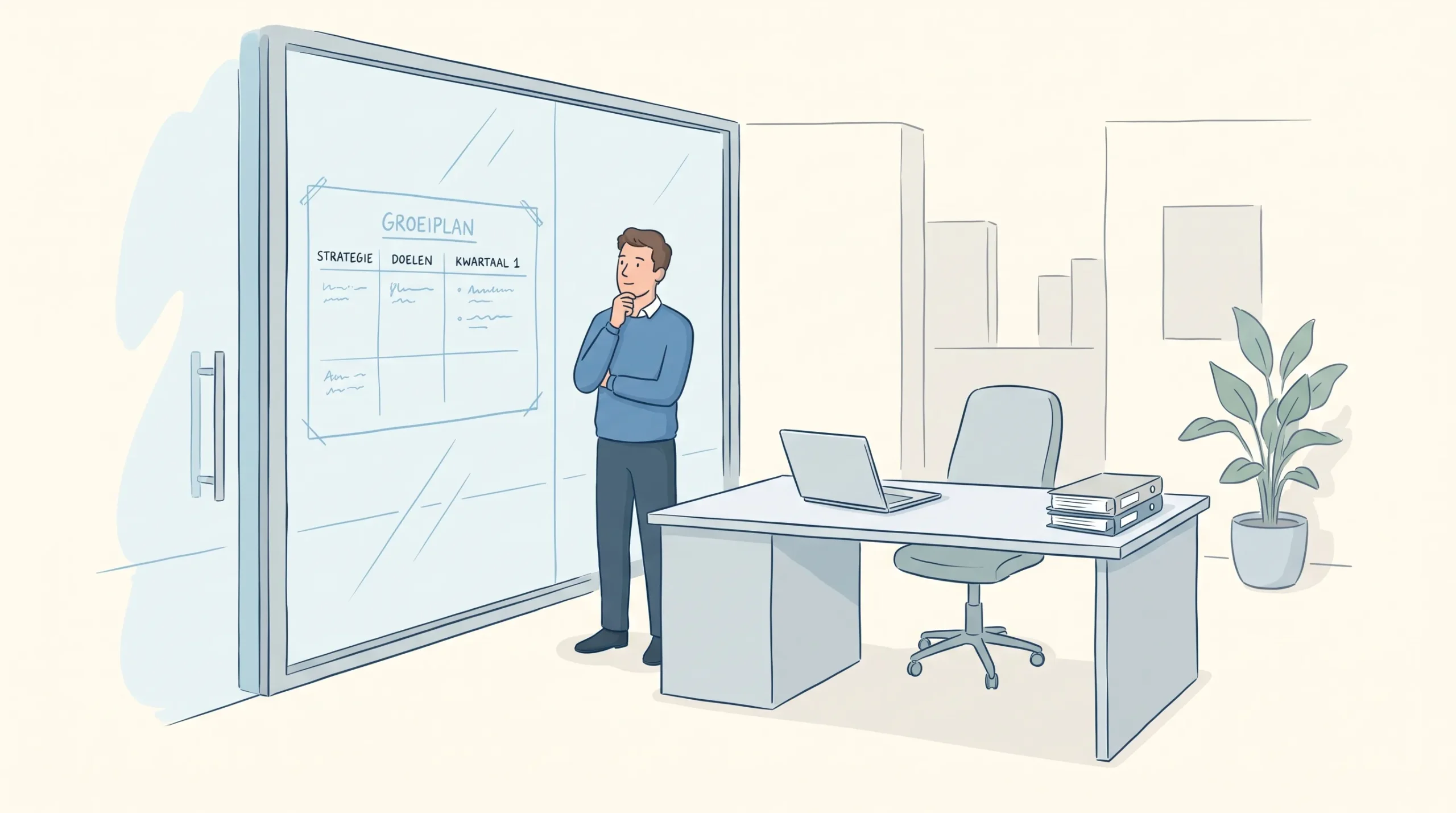 Een online strateeg staat in een rustige kantoorruimte met een planningbord en laptops voor commerciële groei.
