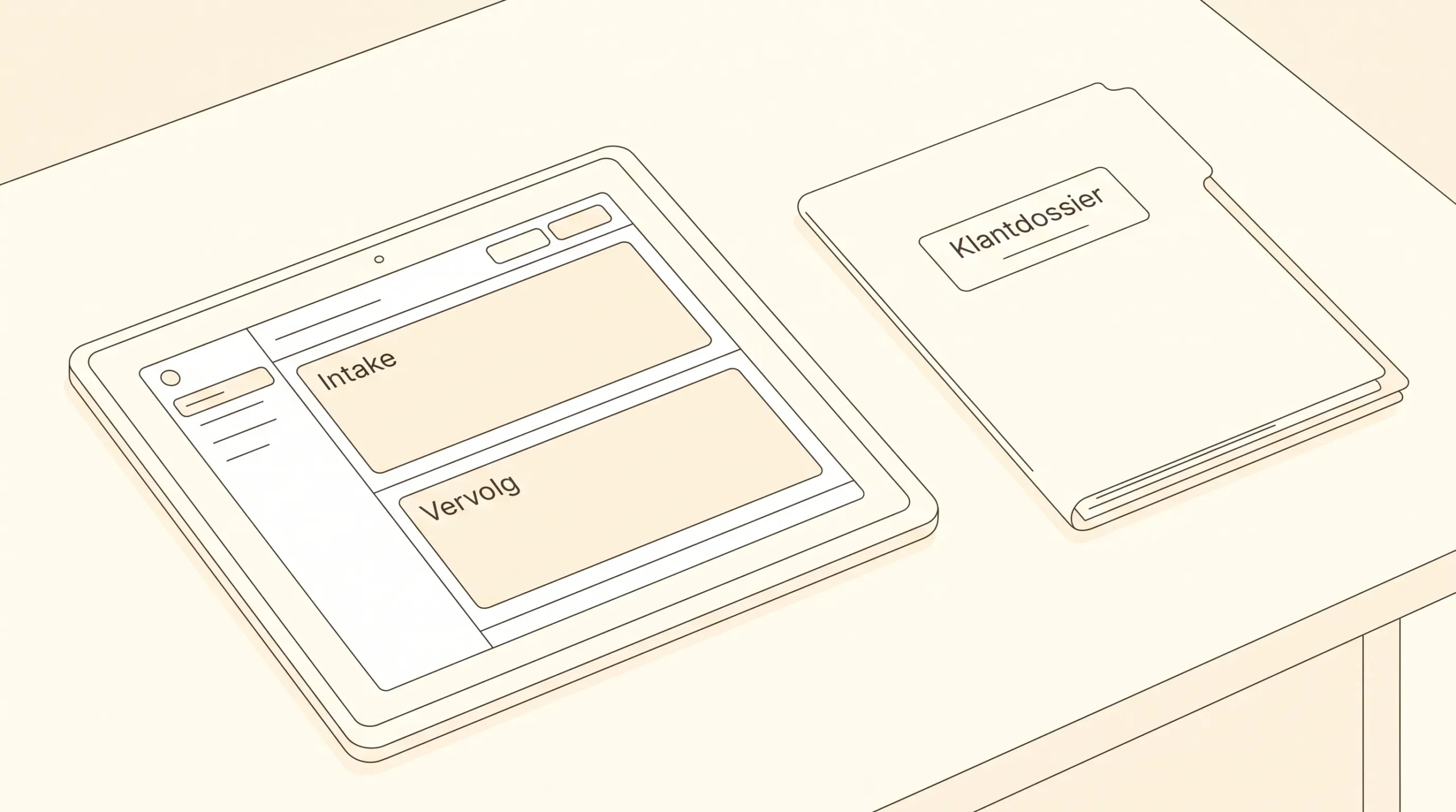 Een open acquisitieagenda met twee gereserveerde gespreksblokken en een klantdossier ernaast, met de korte labels Intake en Vervolg.