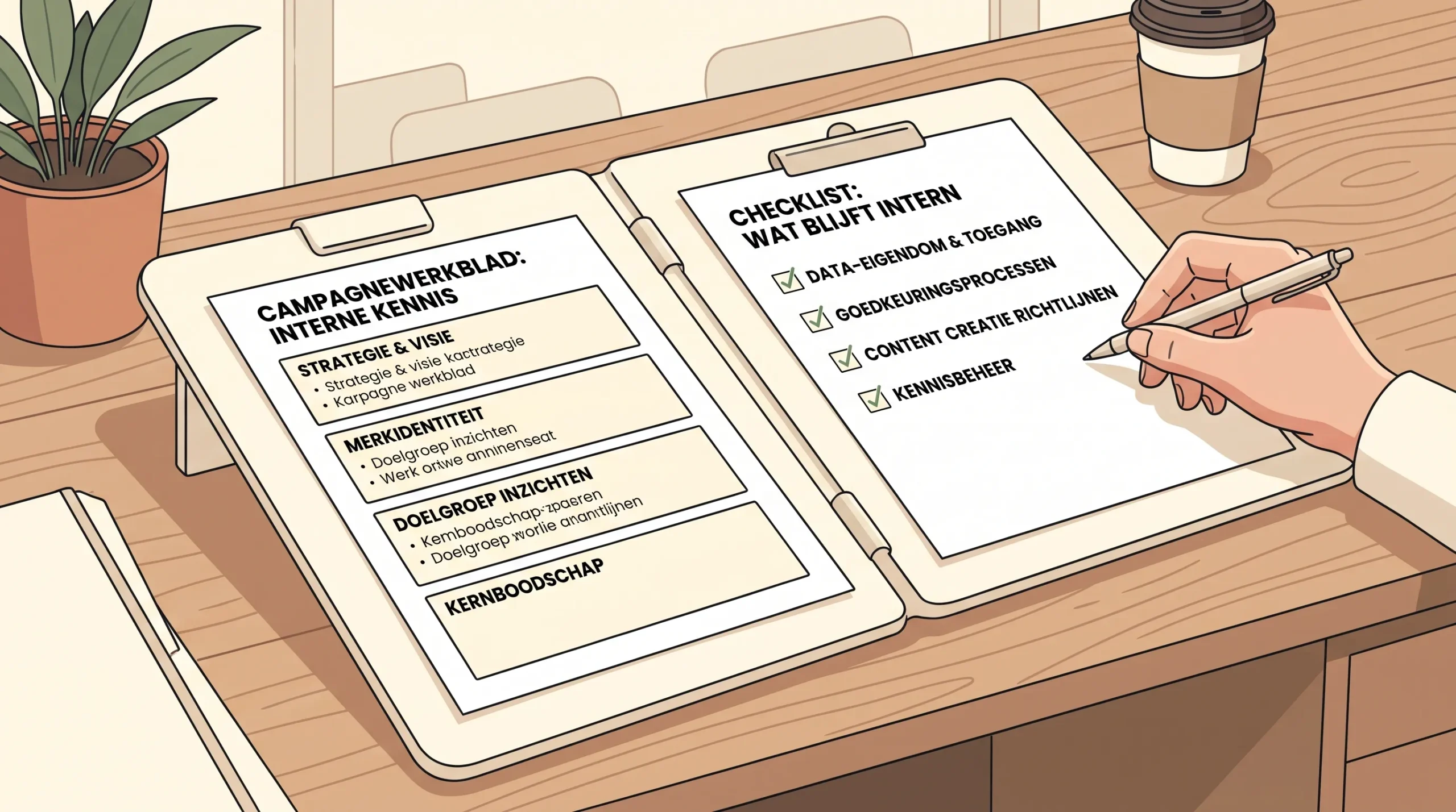 Een open overdrachtsbord met een campagnewerkblad en een checklist laat zien wat intern blijft bij online marketing expertise.
