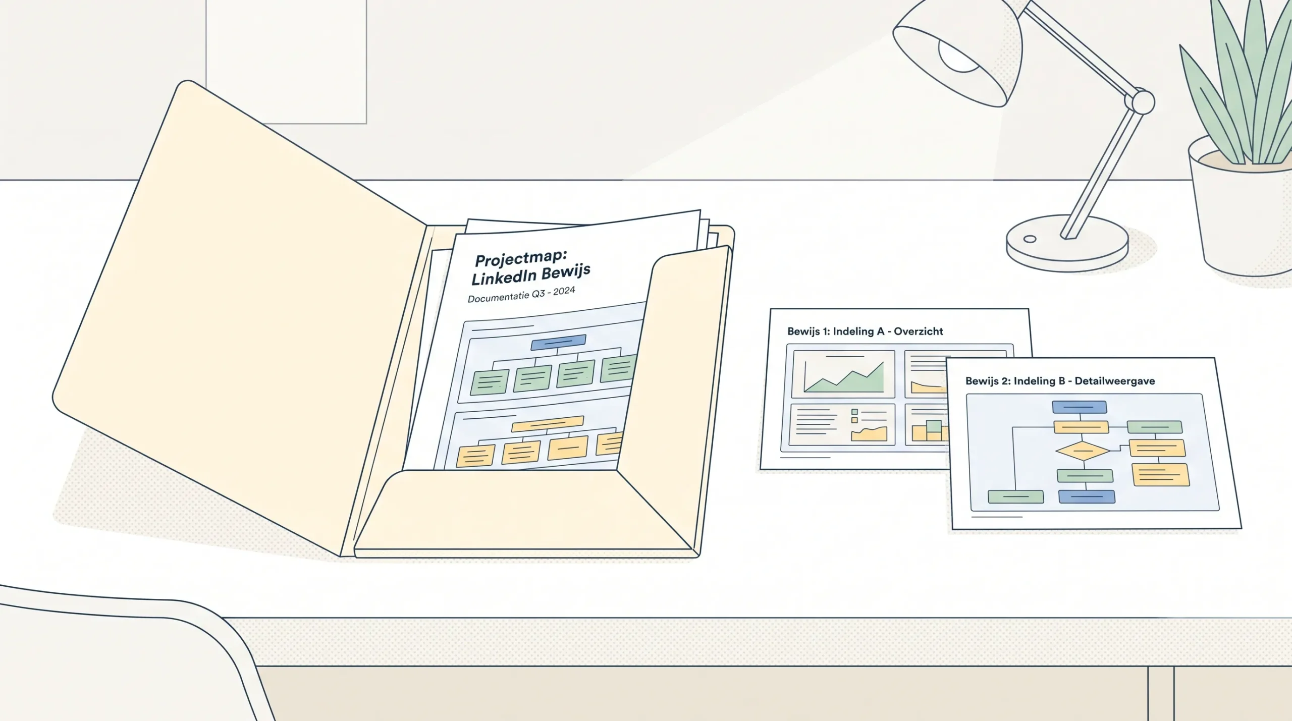 Een open projectmap ligt naast twee kleine kantoorprints met een andere indeling als bewijs voor LinkedIn.