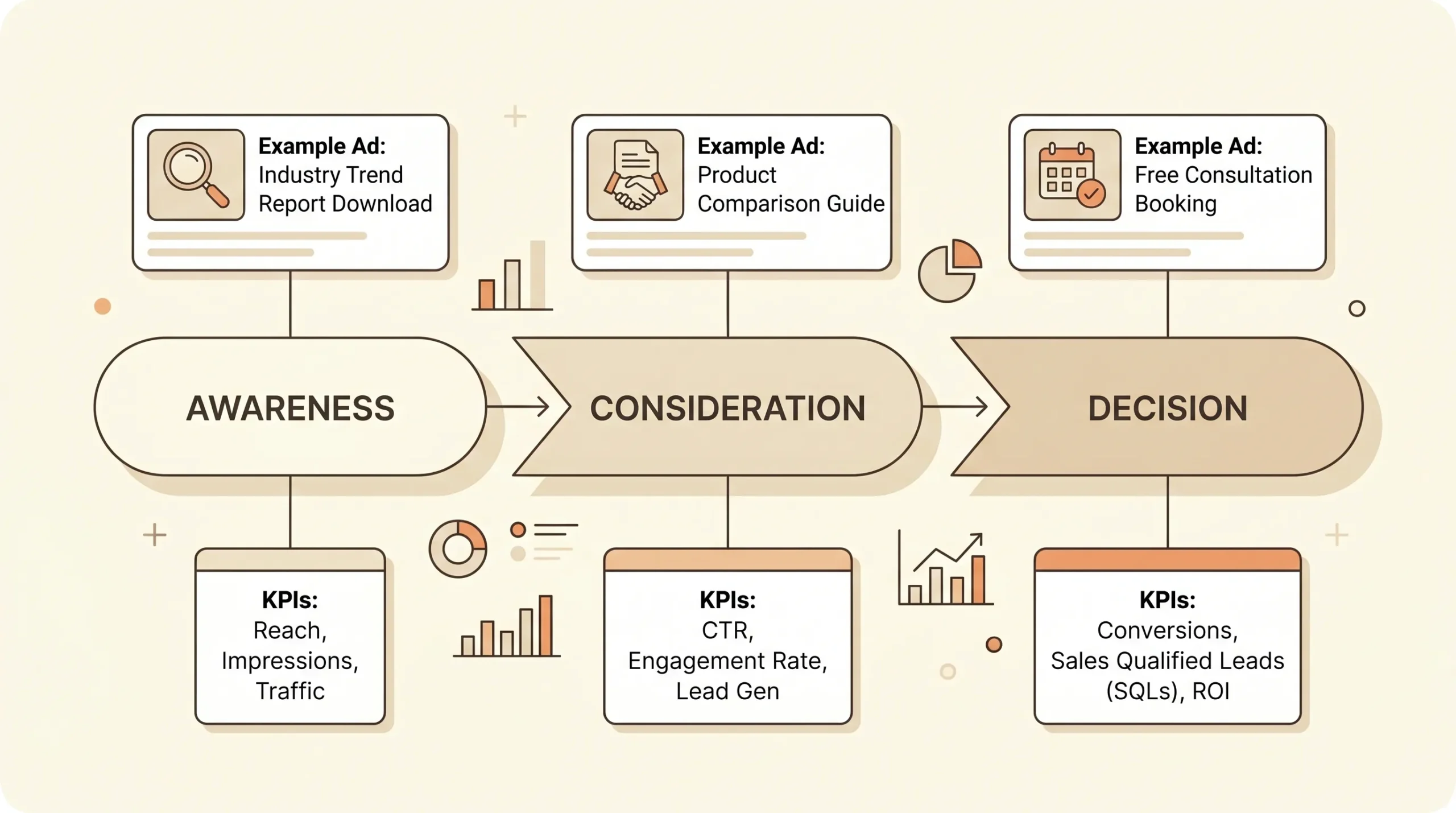 Een overzichtelijke B2B funnel met drie fases (awareness, consideration, decision), met voorbeeld-ads per fase en bijbehorende KPI’s zoals bereik, CTR, conversies en SQL’s.