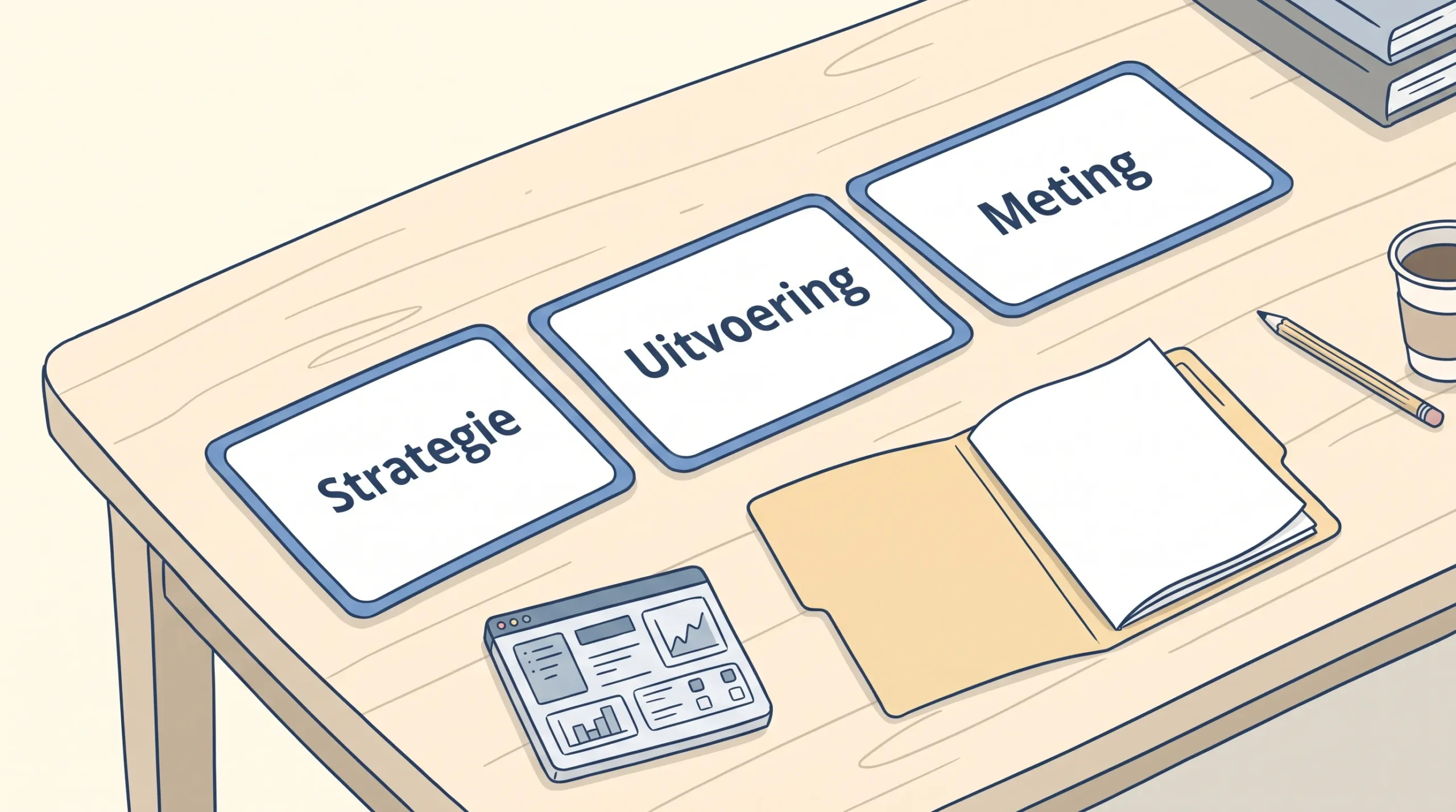 Een rustige illustratie van drie losse kaarten op een tafel met de labels Strategie, Uitvoering en Meting, naast een eenvoudige open map en een klein dashboardblok zonder cijfers.