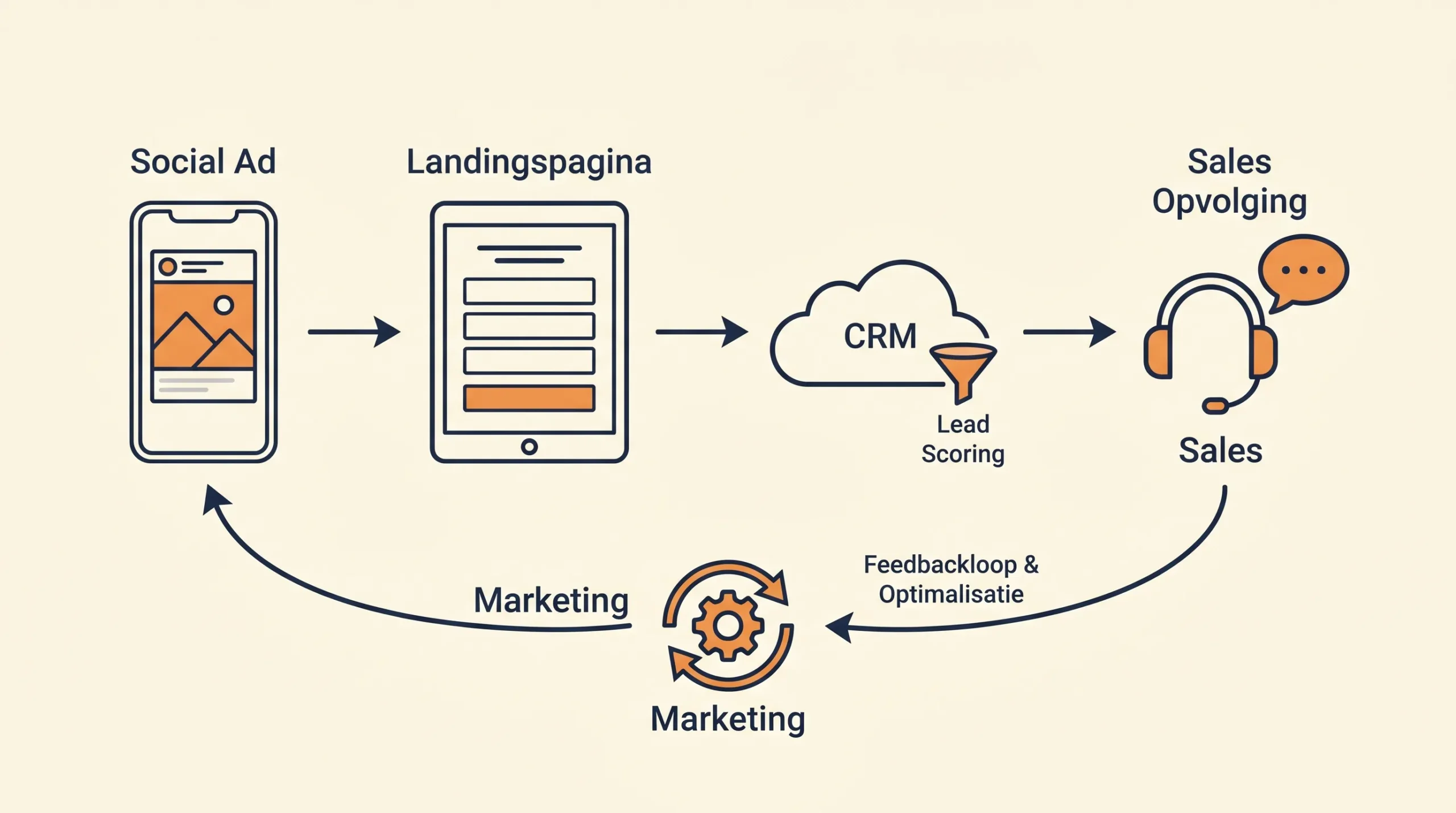 Een simpele flow van social advertentie naar landingspagina, CRM, lead scoring en sales opvolging, met feedbackloop terug naar marketing voor optimalisatie.