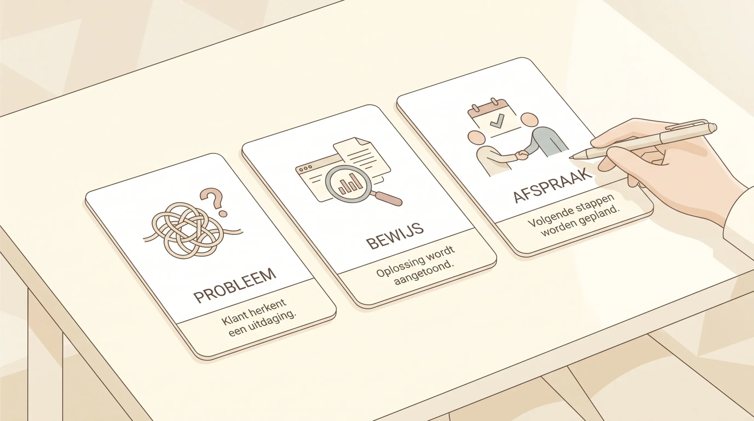 Een simpele klantreis met drie kaarten voor probleem, bewijs en afspraak op een lichte tafel.