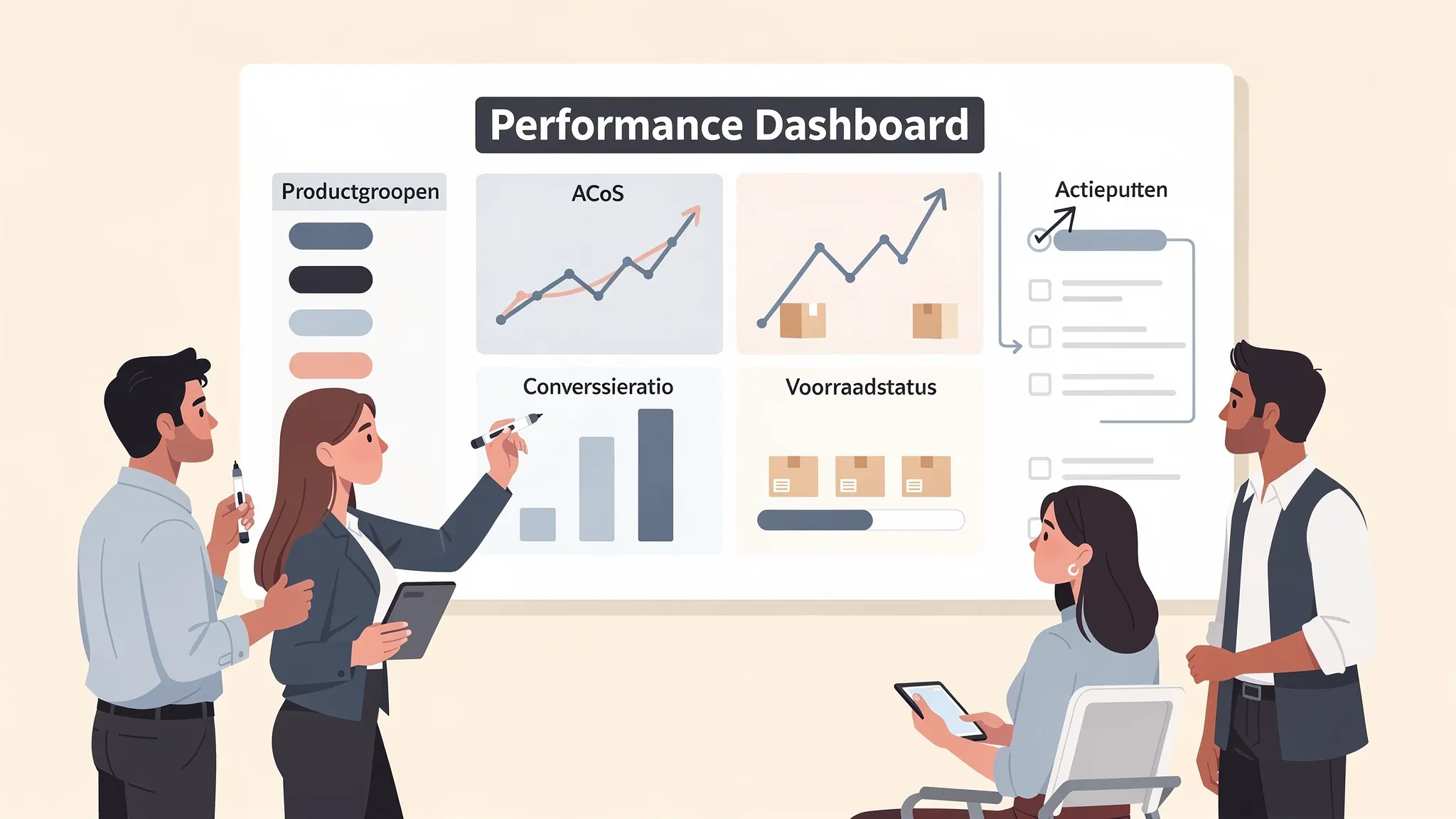 Een team bespreekt een performance dashboard met KPI’s zoals ACoS, conversieratio en voorraadstatus, op een whiteboard met productgroepen en actiepunten.