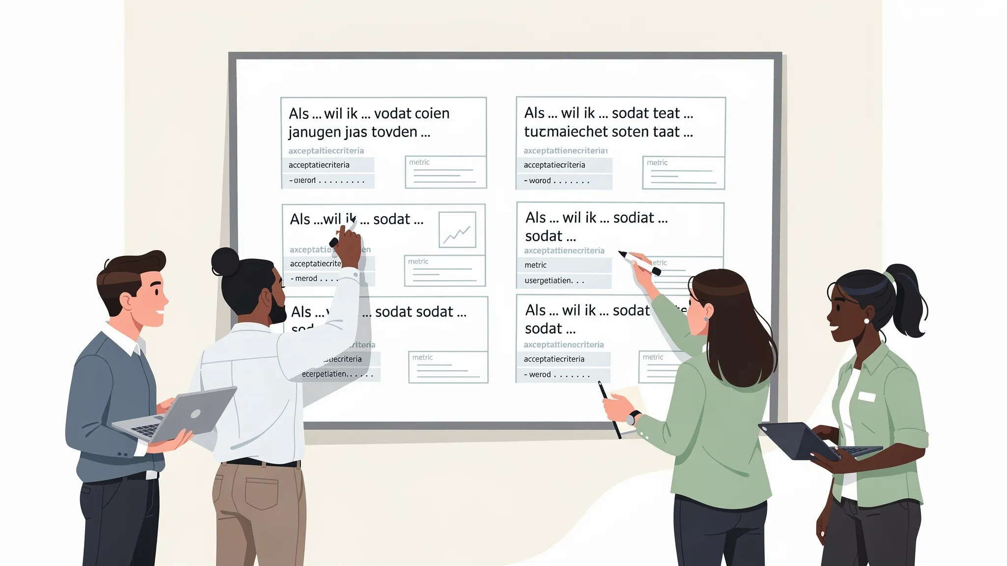 Een team dat rond een whiteboard user stories formuleert met het format ‘Als... wil ik... zodat...’, met daarnaast een klein blok ‘acceptatiecriteria’ en ‘metric’ voor elke story.
