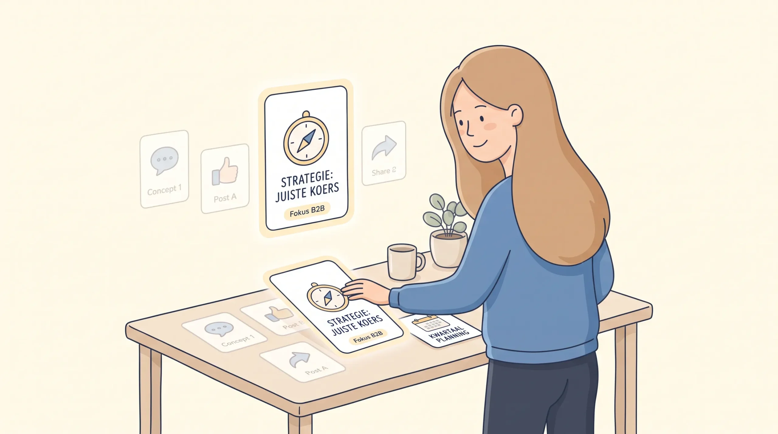 Een vrouw in blauwe trui kiest tussen socialmediakaarten en een strategiekaart voor B2B-groei.