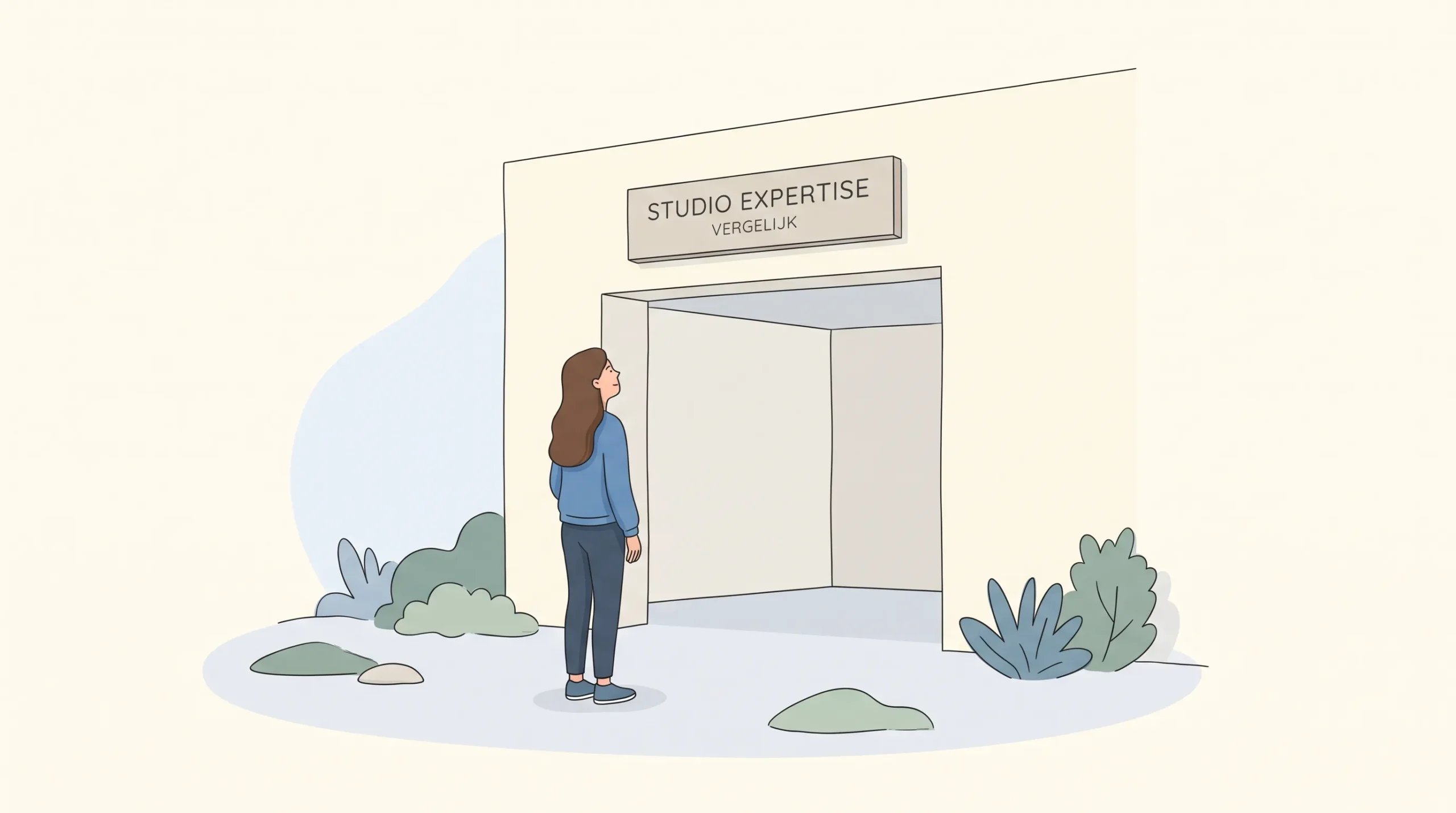 Een vrouw in blauwe trui staat bij de entree van een bureau en vergelijkt digital agencies Nederland.