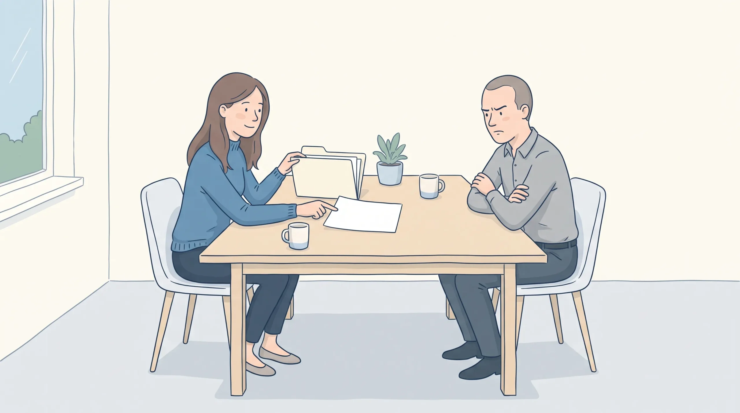 Een vrouw in een blauwe trui bespreekt een projectmap met een prospect aan tafel, passend bij vertrouwen opbouwen via social LinkedIn.