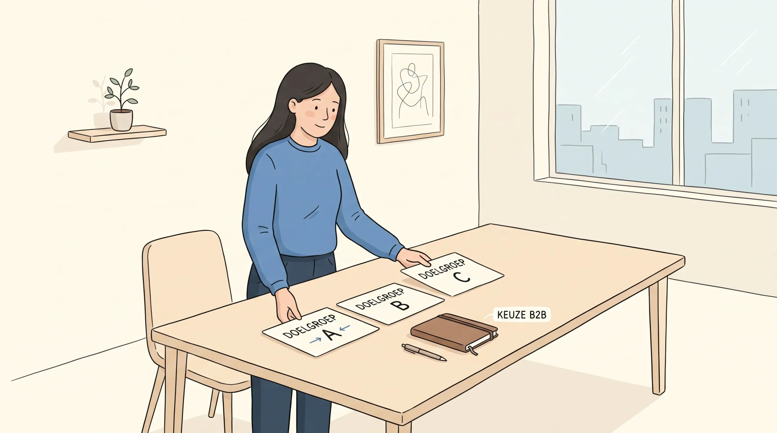 Een vrouw in een blauwe trui kiest tussen drie eenvoudige doelgroepkaarten aan tafel om het marketingbudget beter te benutten.