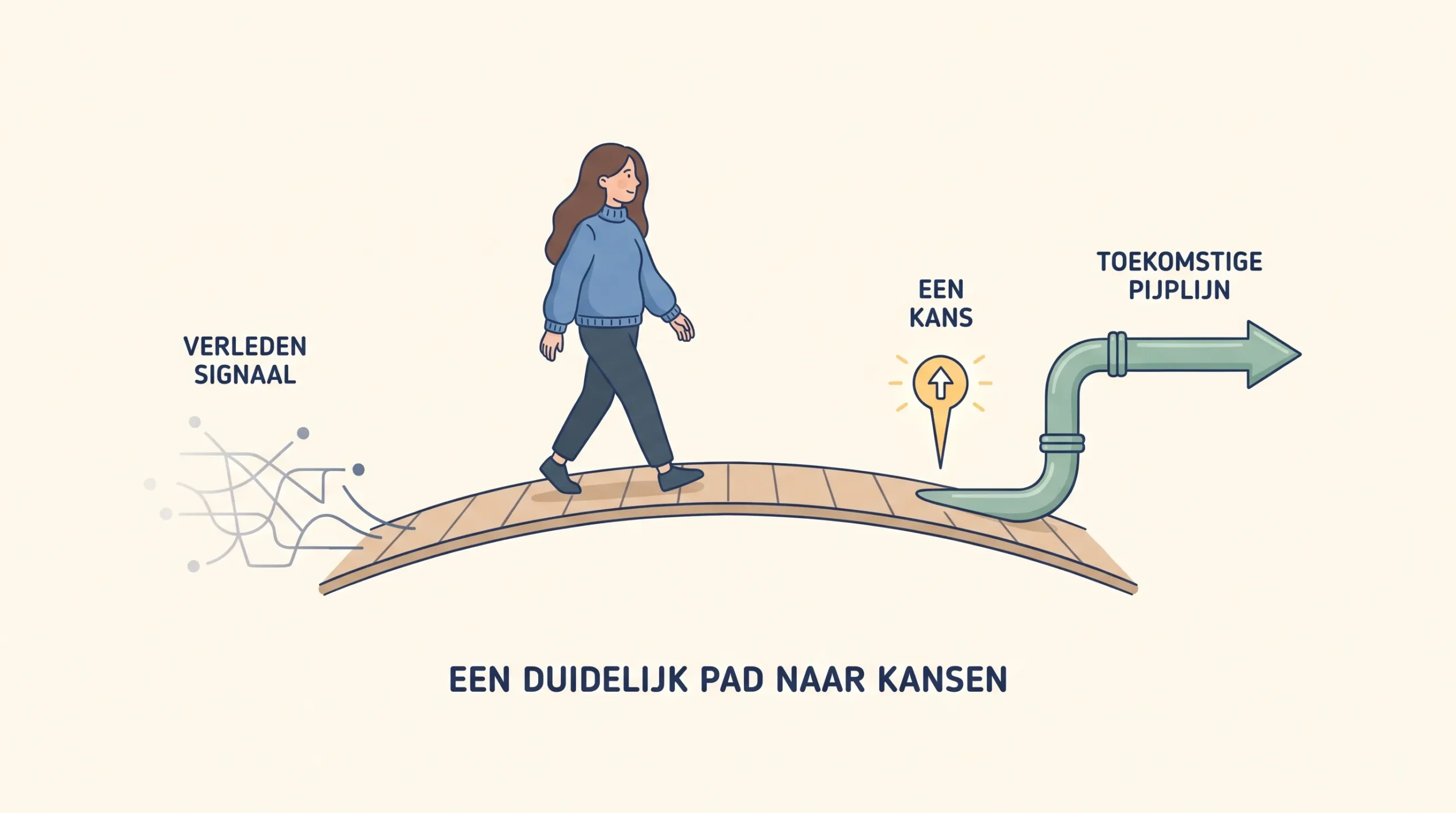 Een vrouw loopt over een brug richting een sterkere pipeline en een duidelijkere groeikans.