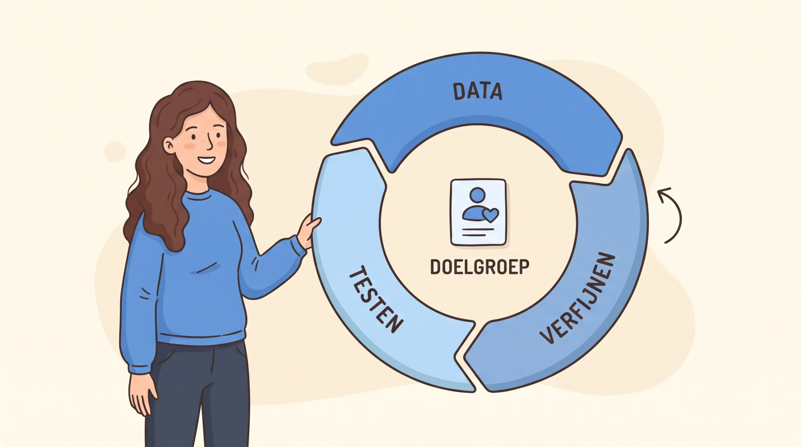 Een vrouw met een blauwe trui staat naast een cirkel van data, test en aanscherping voor een AI-doelgroep.