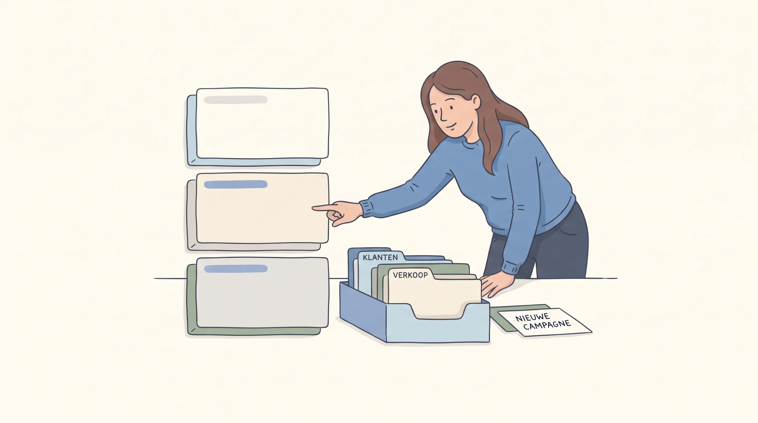 Een vrouw naast een compact dashboard en CRM-tray laat zien hoe advertentiedata doorwerkt naar salesresultaat.