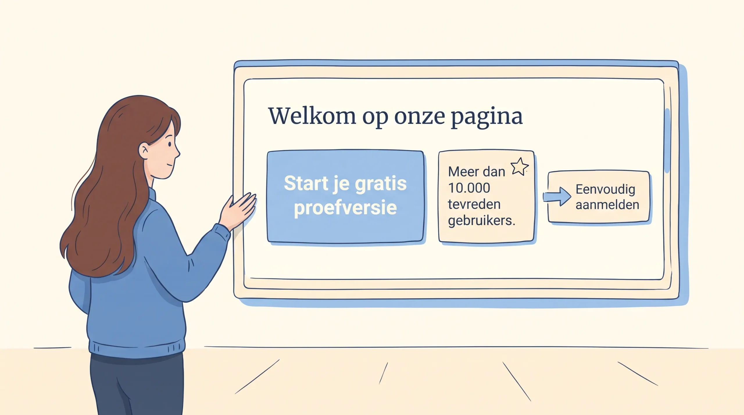 Een vrouw naast een landingspagina met bewijs en een duidelijke vervolgstap voor website promotie.