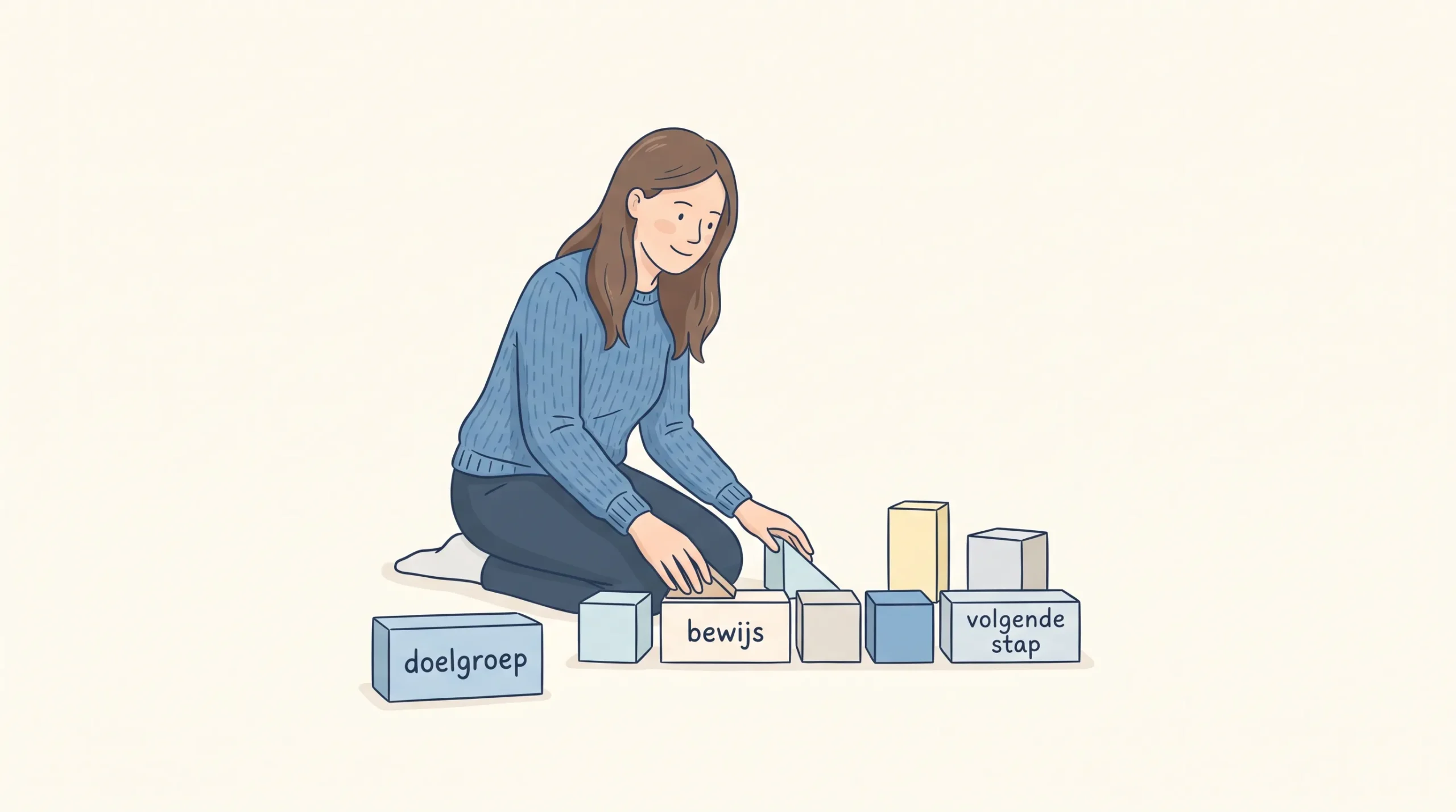Een vrouw ordent zeven bouwstenen voor een online advertentie in een rustige, overzichtelijke rij.