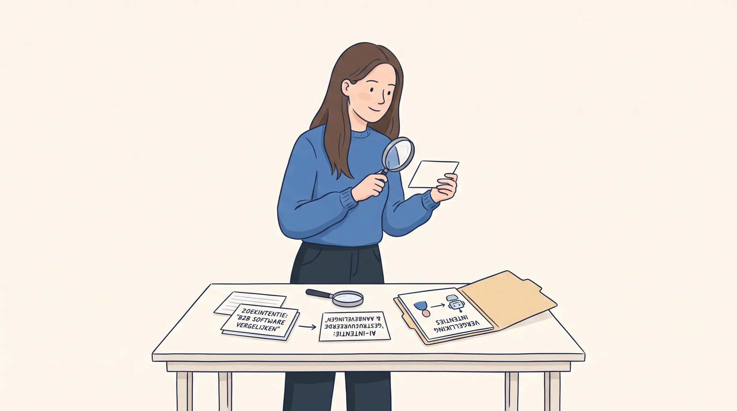 Een vrouw vergelijkt zoekintentie en AI-intentie met kaarten, een vergrootglas en een open map.