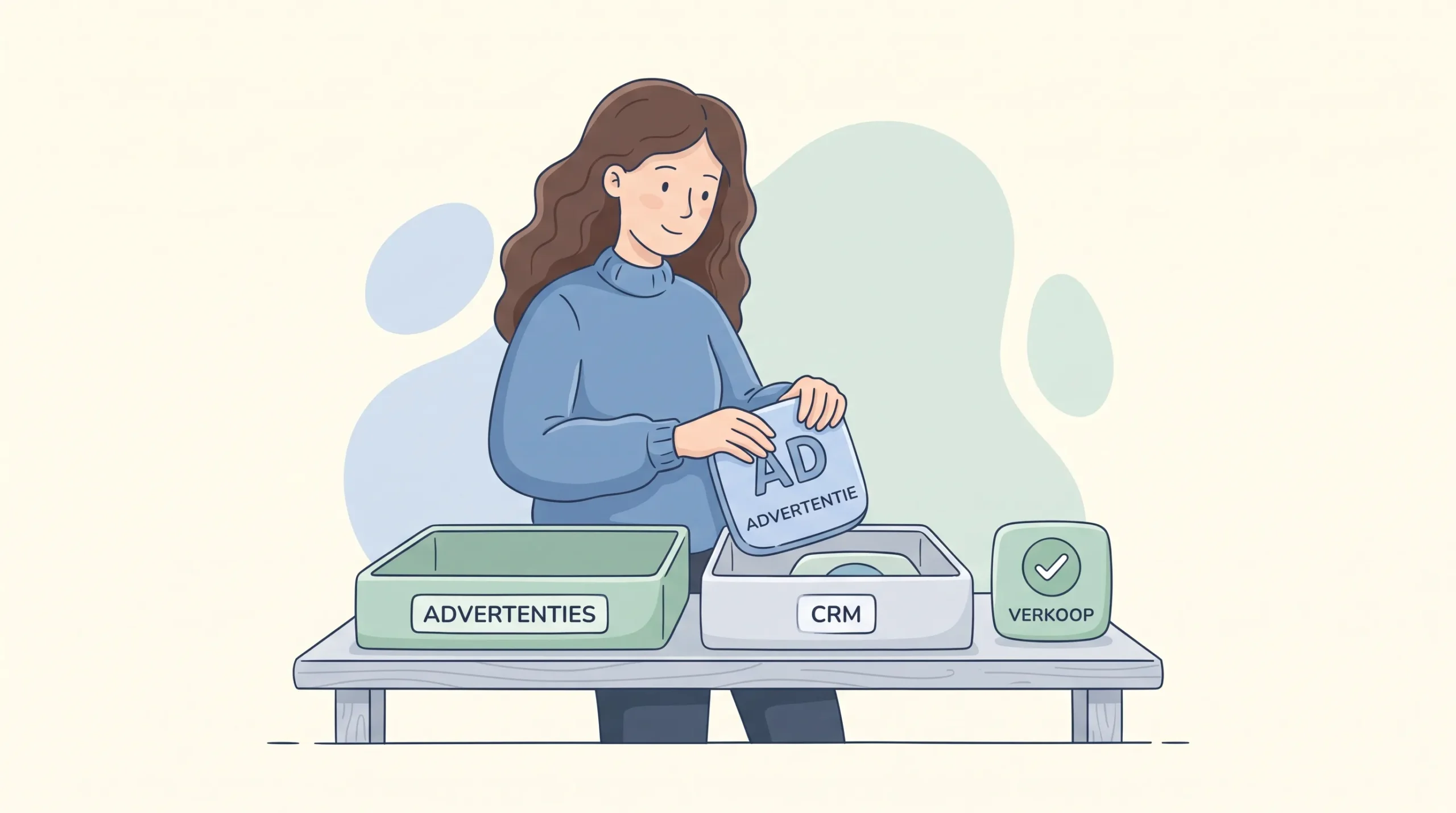 Een vrouw verplaatst een lead van een advertentietray naar een CRM-tray.