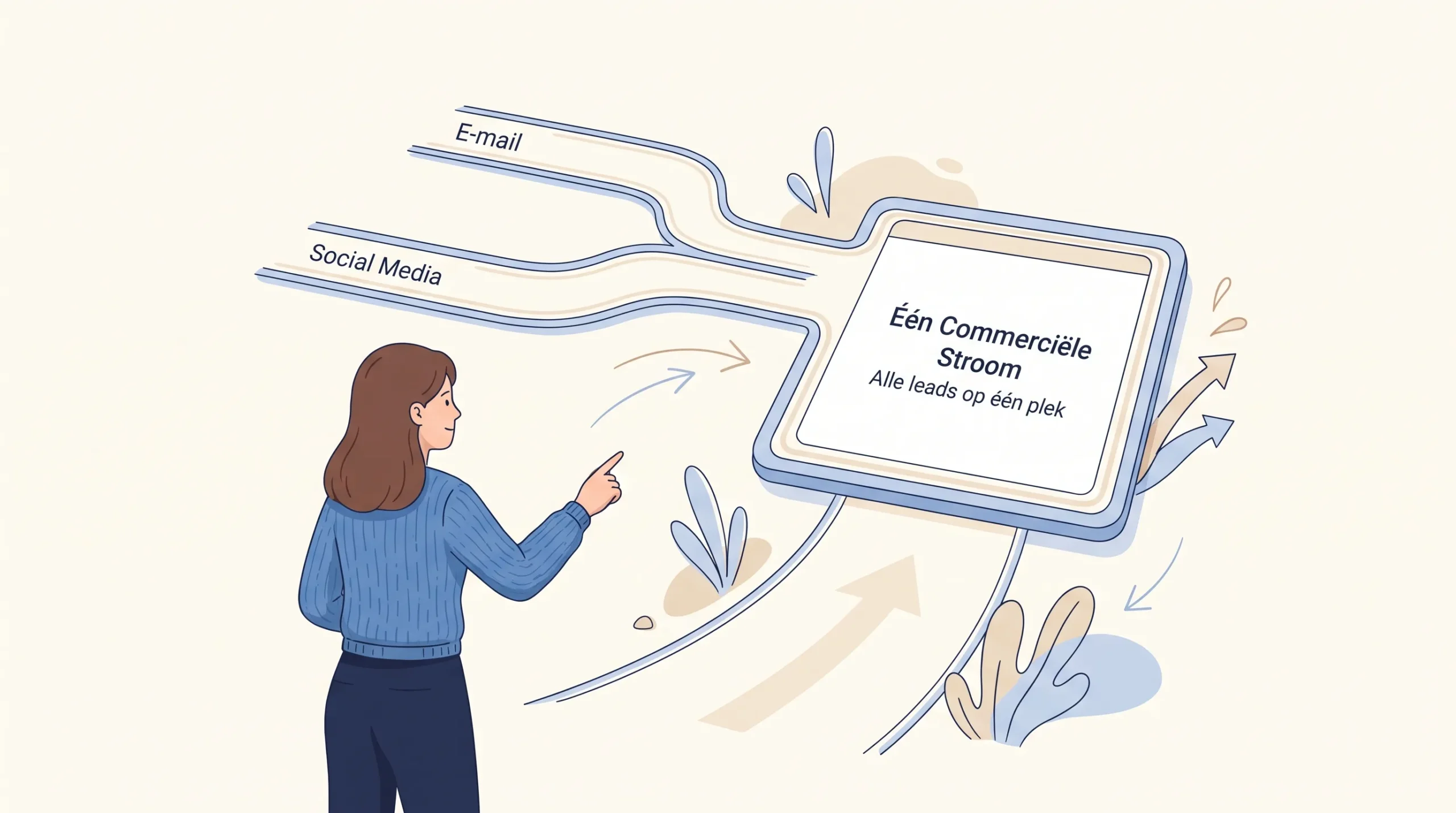 Een vrouw wijst naar een gesplitste route die weer samenkomt in één leadkaart en daarmee meerdere kanalen in één stroom toont.
