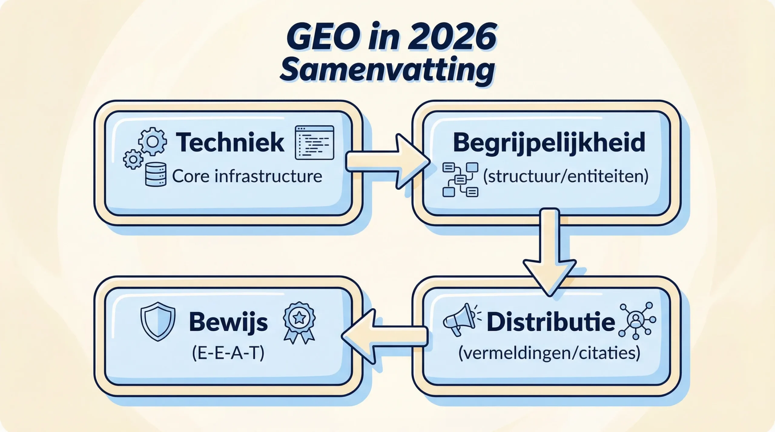 Eenvoudig 4-blokken schema dat GEO in 2026 samenvat met de lagen: Techniek, Begrijpelijkheid (structuur/entiteiten), Bewijs (E-E-A-T), en Distributie (vermeldingen/citaties).