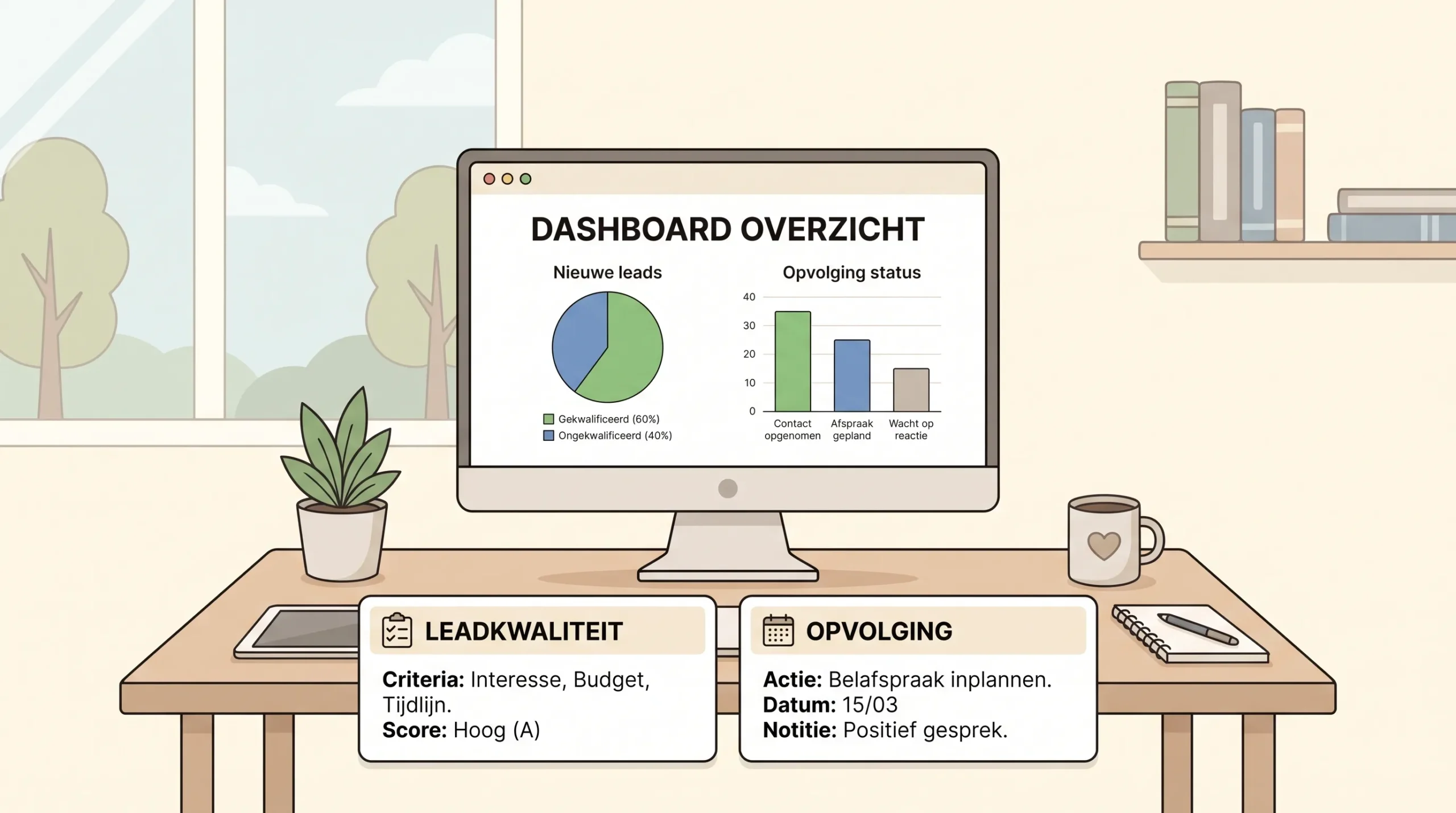 Eenvoudige handgetekende 2D vectorillustratie met een bureau, een dashboardbord en twee kaarten voor leadkwaliteit en opvolging, in een rustige kantoorsetting.