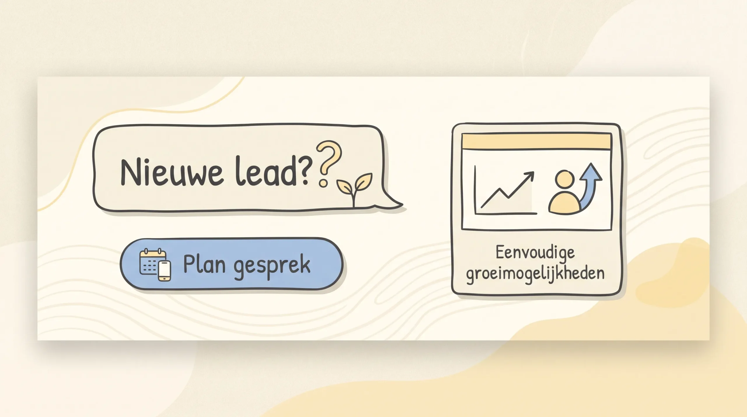 Eenvoudige handgetekende 2D-vectorillustratie van een rustige banneradvertentie met de korte kop Nieuwe lead? en een knop Plan gesprek, naast een eenvoudig productblok op een lichte achtergrond.