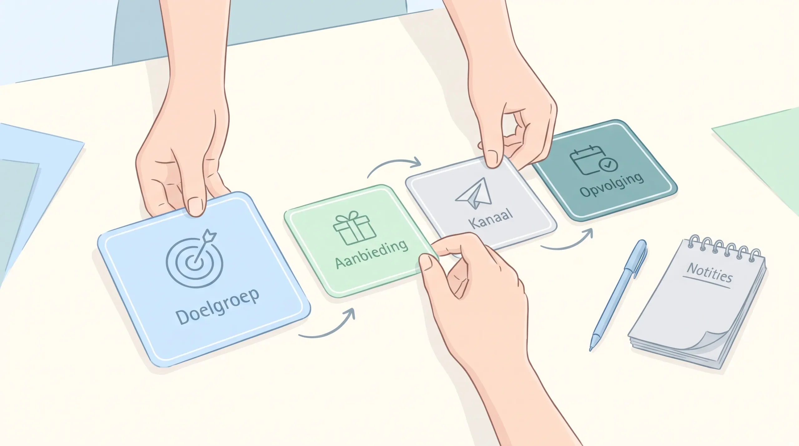Hands arrange campaign cards on a table to map a B2B marketing campaign from goal to follow-up.