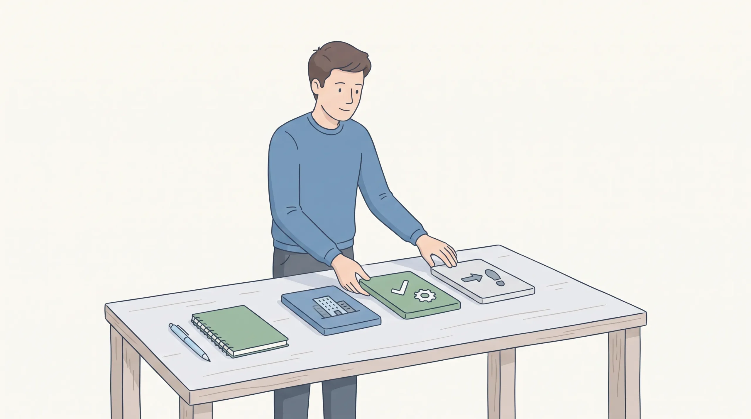 Hands op tafel leggen drie kaarten neer voor doelgroep, bewijs en eerste stap om nieuwe klanten te organiseren.
