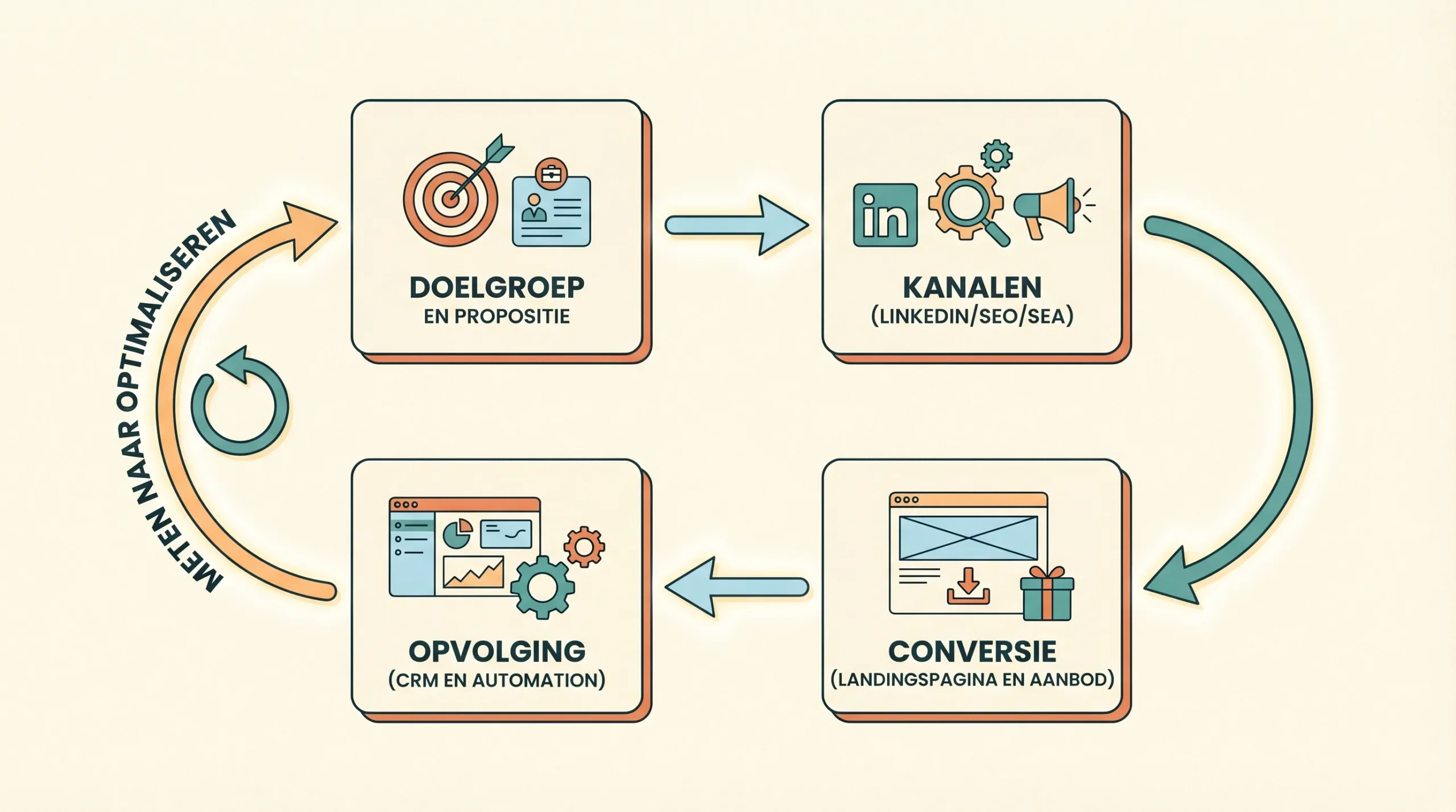 Illustratie van een eenvoudige B2B leadmachine met vier blokken: doelgroep en propositie, kanalen (LinkedIn/SEO/SEA), conversie (landingspagina en aanbod), en opvolging (CRM en automation), met pijlen die een loop vormen van meten naar optimaliseren.