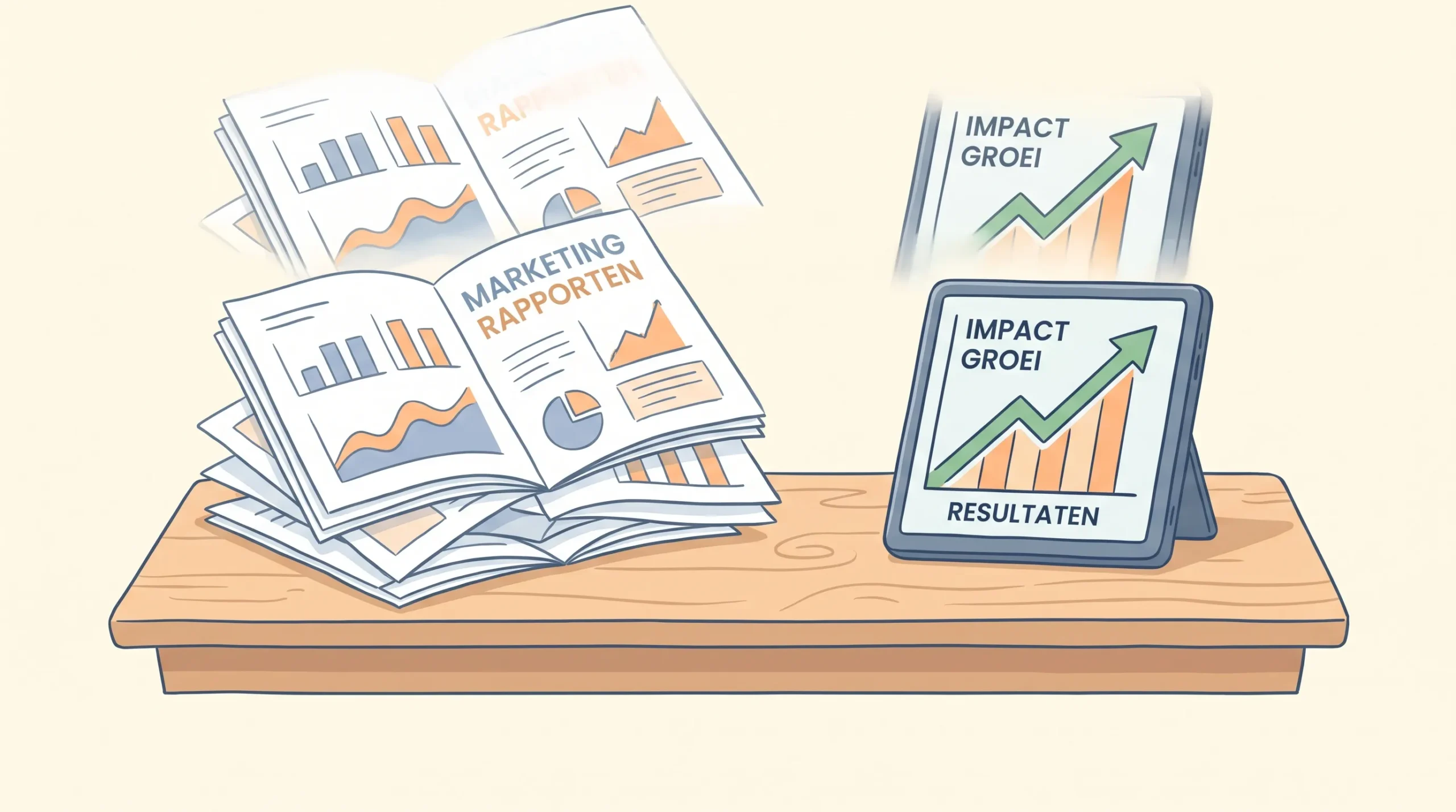 Links liggen losse marketingrapporten, rechts staat een compacte groeigrafiek als contrast tussen output en impact.