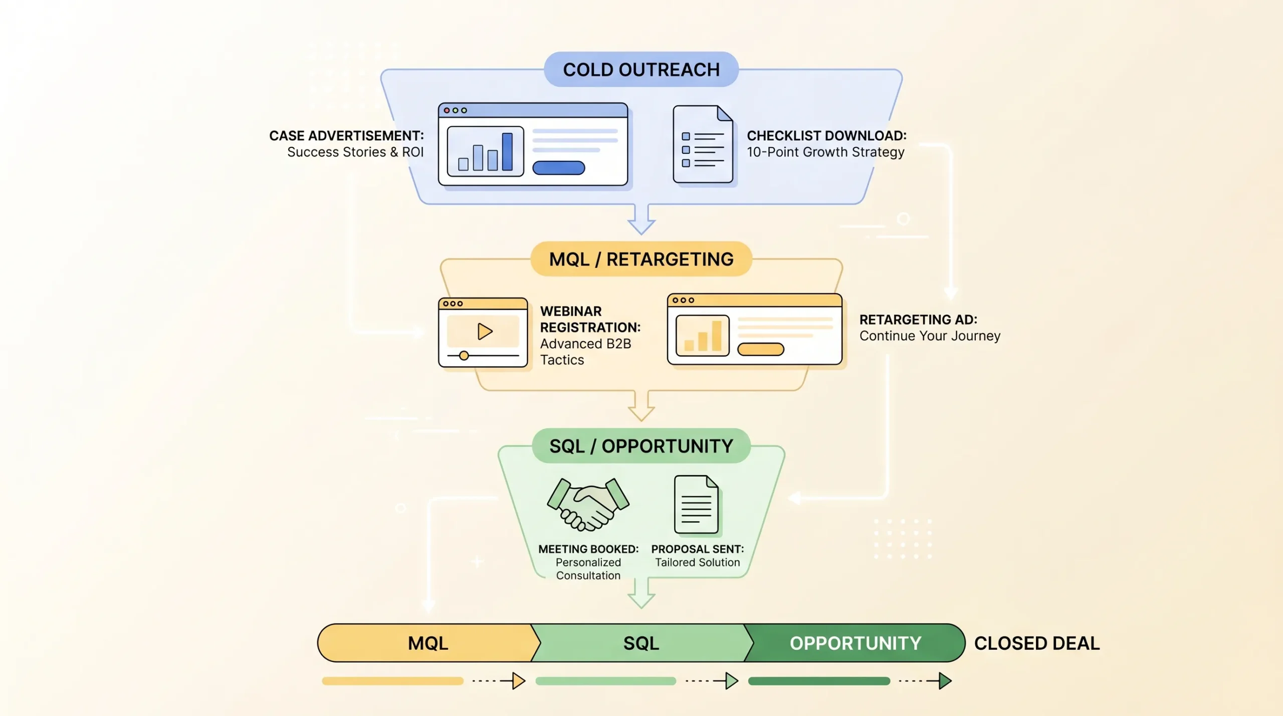 Overzicht van een B2B funnel met display touchpoints: koud bereik naar retargeting, met voorbeelden zoals case-advertentie, checklist download en webinarinschrijving, gekoppeld aan MQL, SQL en opportunity in een pipeline.