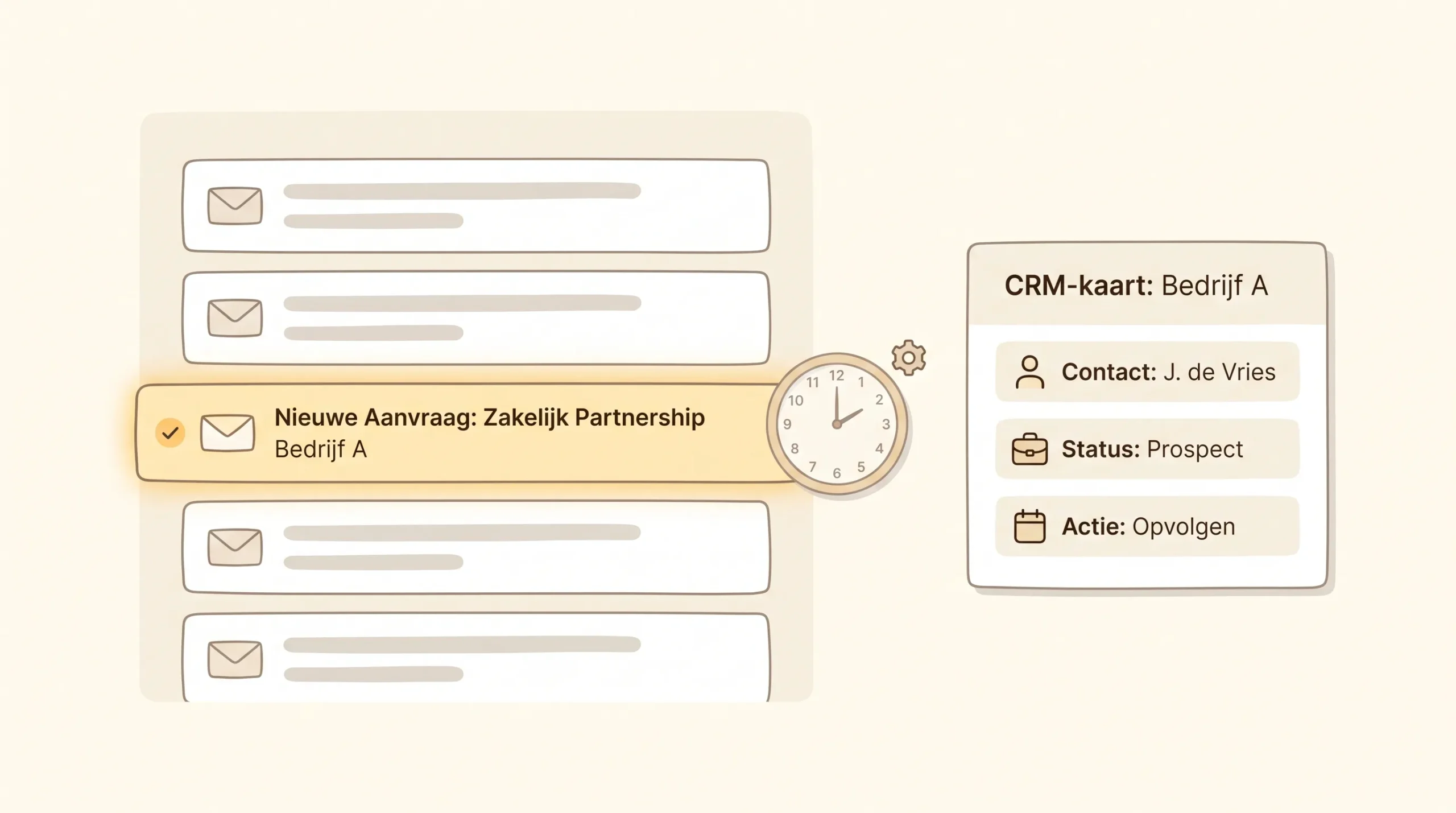 Rustige 2D editorial illustratie van een B2B-inbox met één gemarkeerde e-mail, een kleine klok ernaast en een eenvoudige CRM-kaart op een lichte achtergrond.
