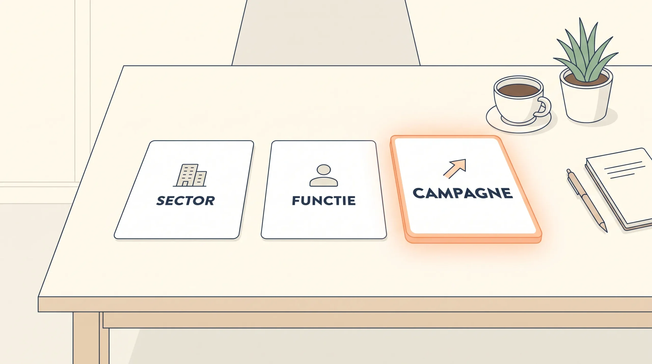 Schone 2D redactionele illustratie van twee kaartjes met de labels Sector en Functie naast een gemarkeerd campagnekaartje op een rustige werktafel.