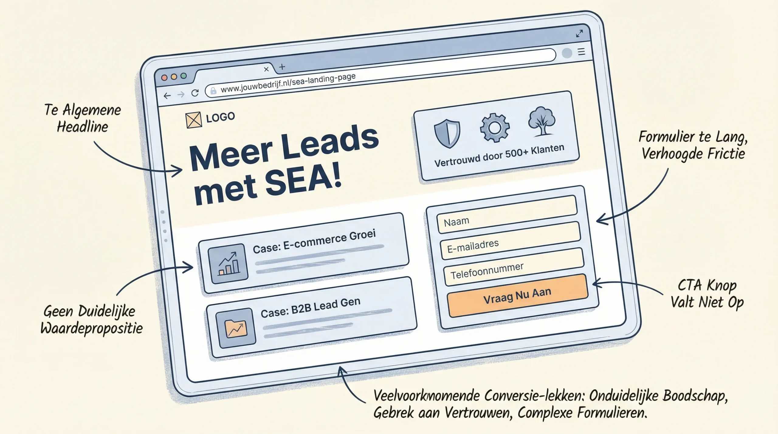 Screenshot-achtige illustratie van een SEA landingspagina wireframe met duidelijke headline, bewijsblokken (cases, klantenlogo’s), formulier en CTA-knop, plus notities waar vaak conversie-lekken zitten.
