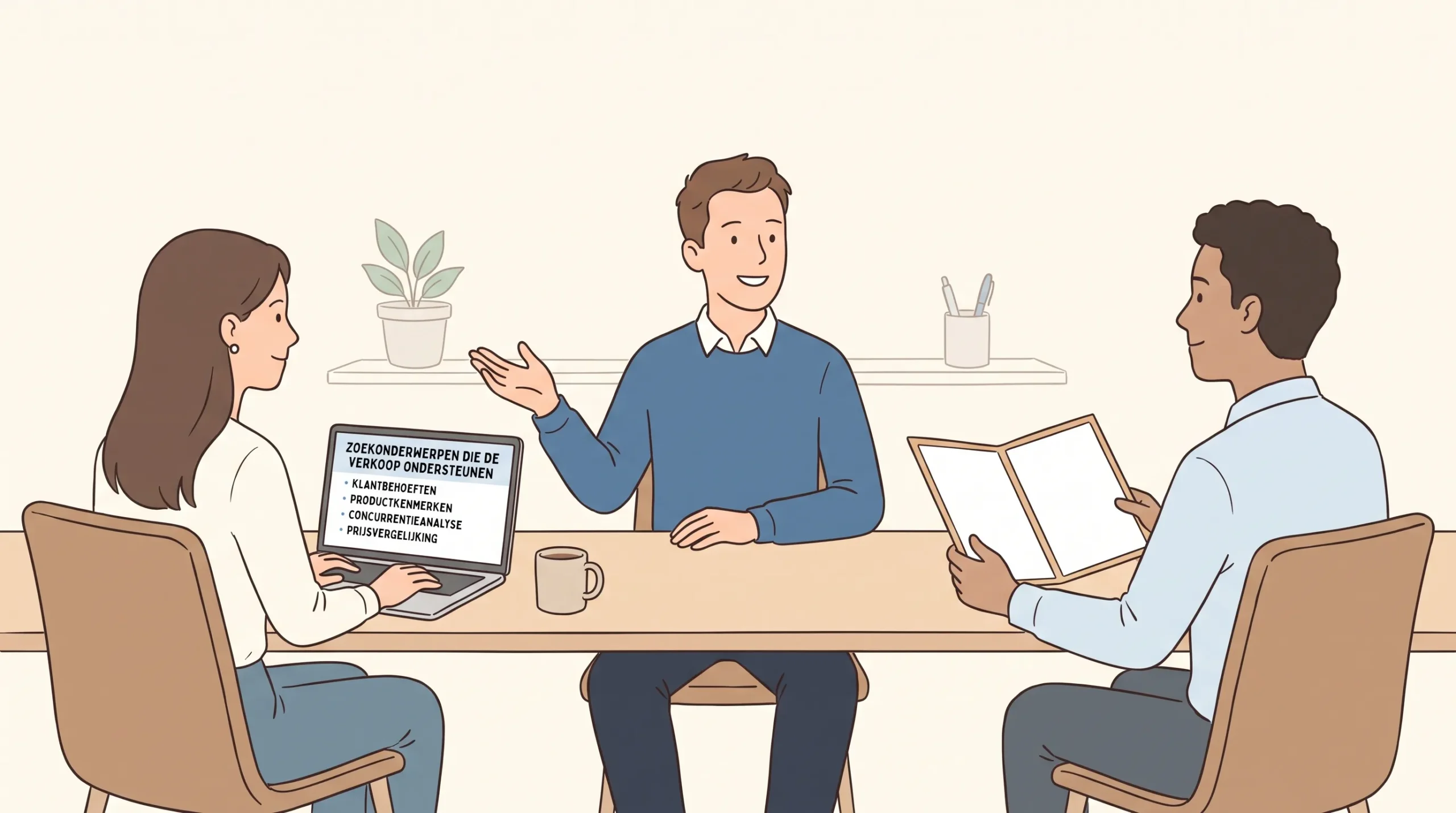 Twee collega’s bespreken met een adviseur welke zoekonderwerpen aansluiten op hun salesproces en B2B-groei.