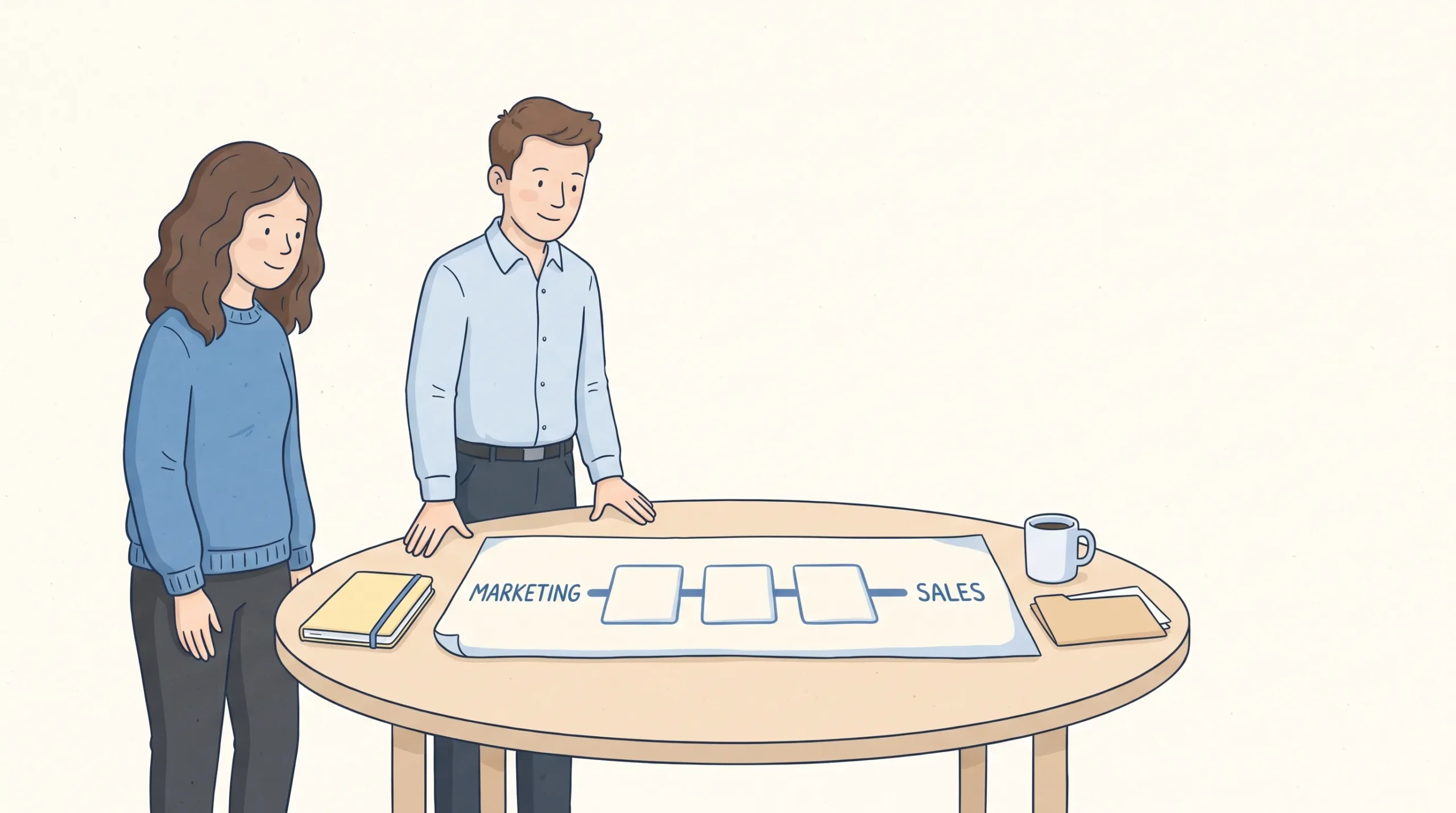Twee collega’s staan bij een ronde tafel met een gezamenlijke roadmap voor marketing en sales.