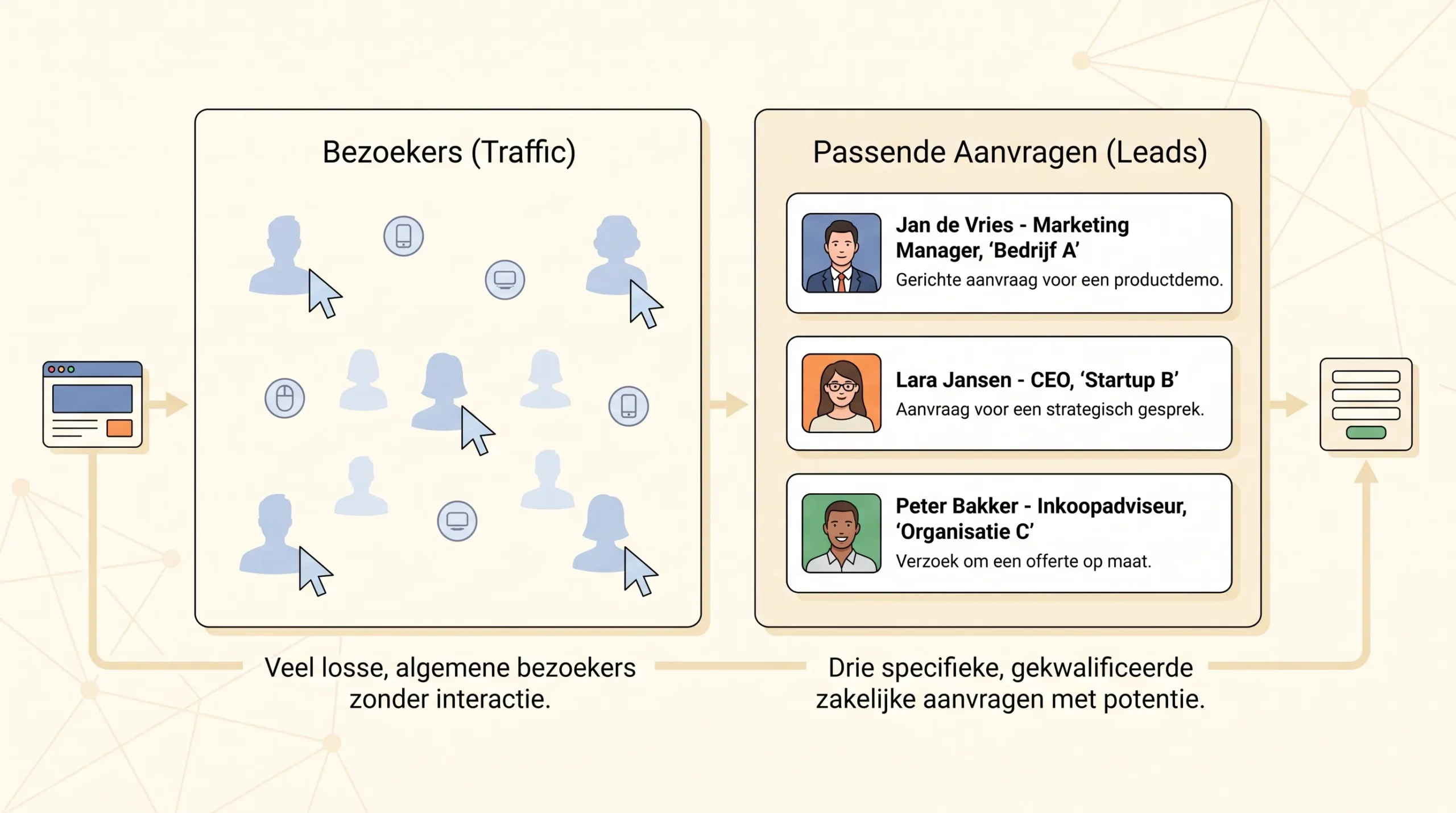 Twee kaarten naast elkaar met losse bezoekers en drie zakelijke leadprofielen, voor het verschil tussen verkeer en passende aanvragen.