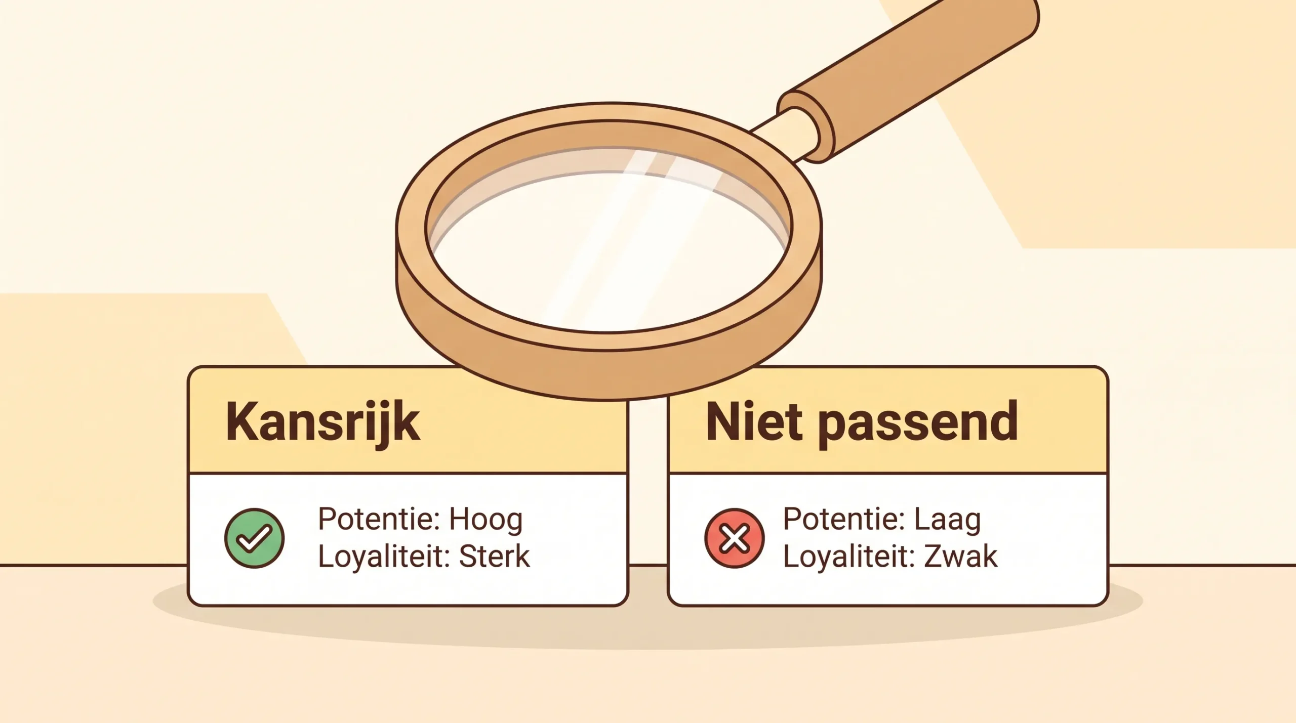 Twee klantkaarten naast elkaar met labels Kansrijk en Niet passend en een vergrootglas erboven.