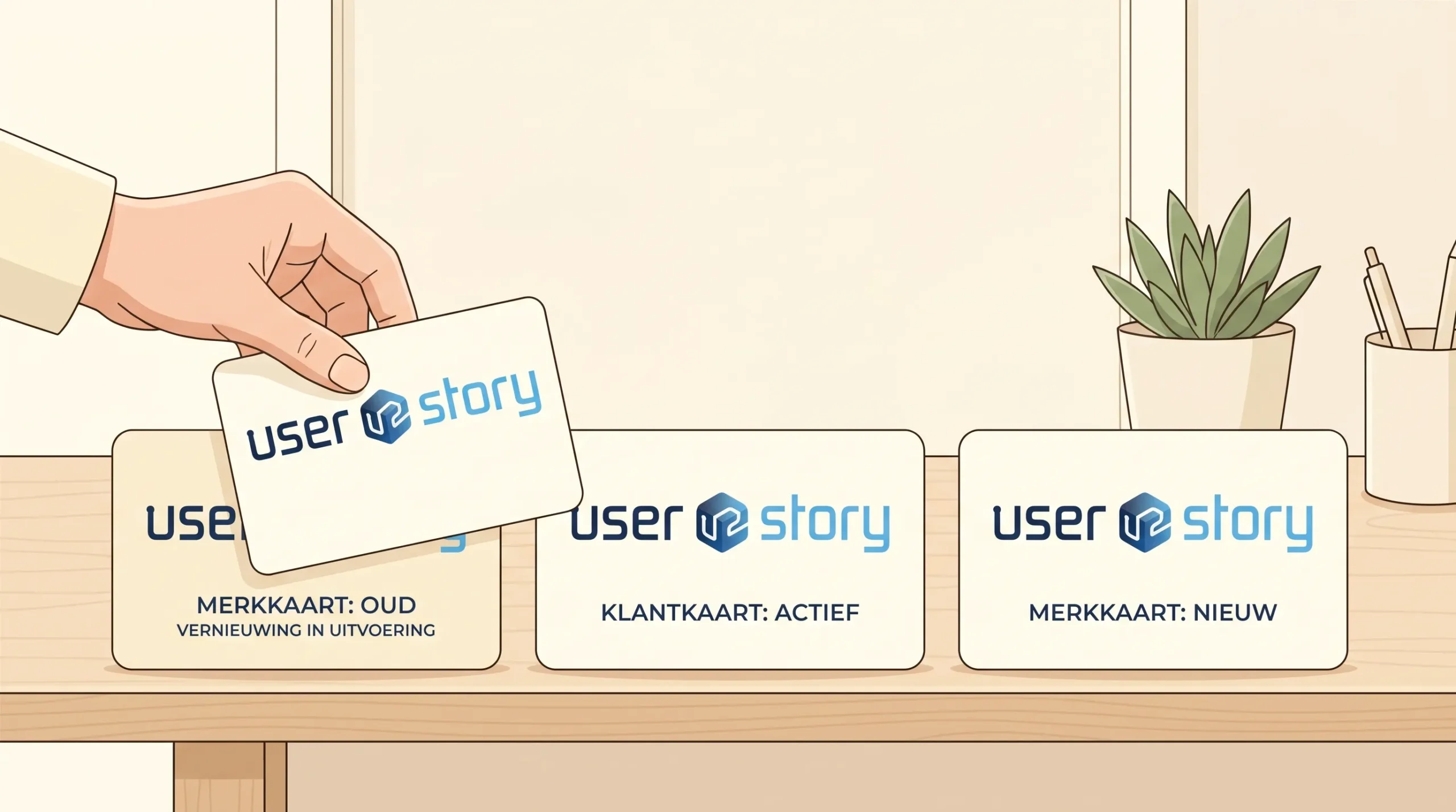 Twee merkkaarten naast elkaar met een klantkaart ertussen, terwijl een identiteit rustig wordt vernieuwd.