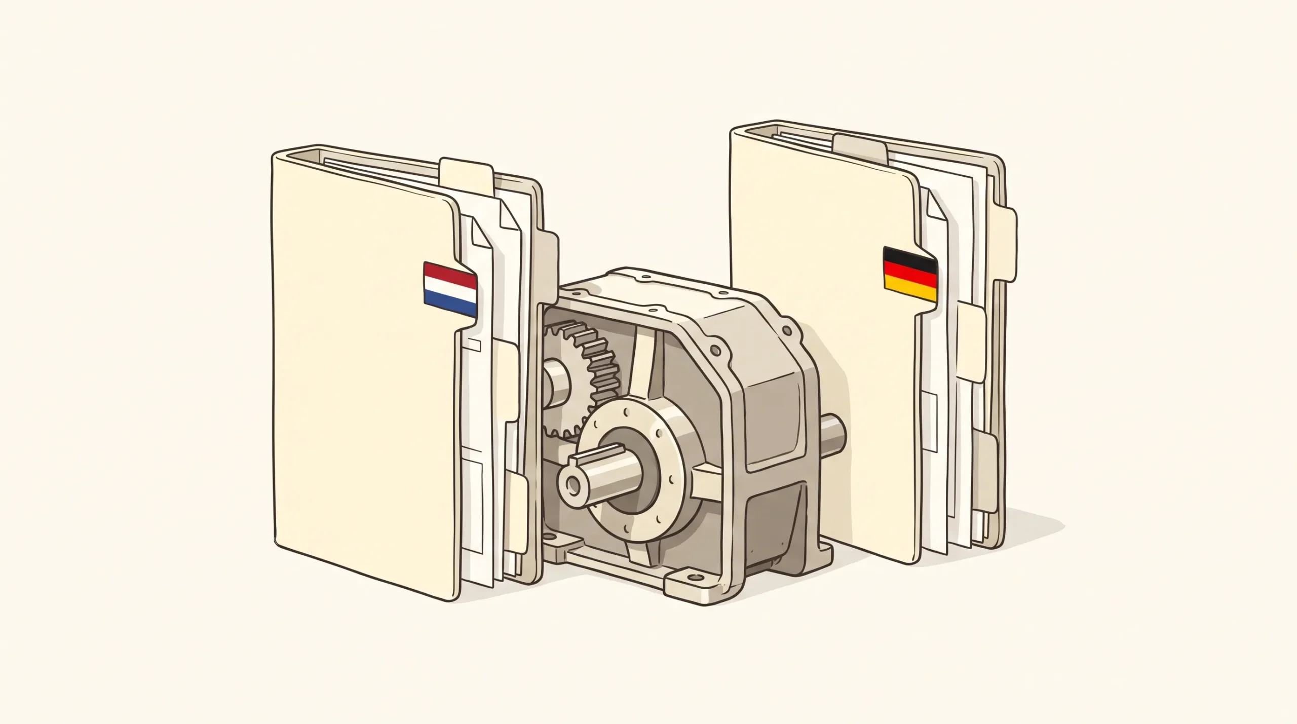 Twee productdossiers met Nederlandse en Duitse markering staan naast één industriële component voor search engine optimalisatie.