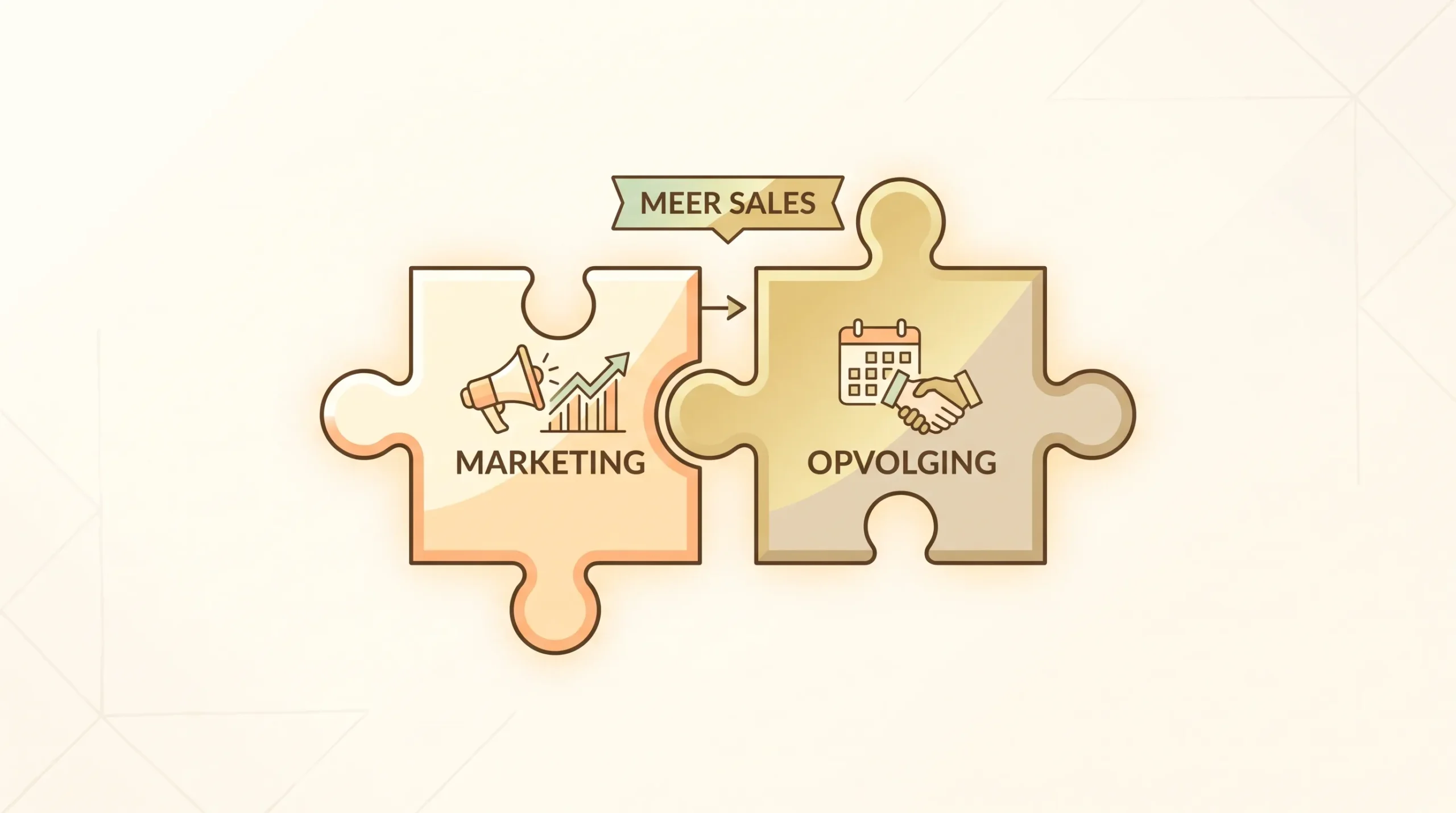 Twee puzzelstukken schuiven in elkaar, één voor marketing en één voor opvolging, met een klein label 'meer sales'.