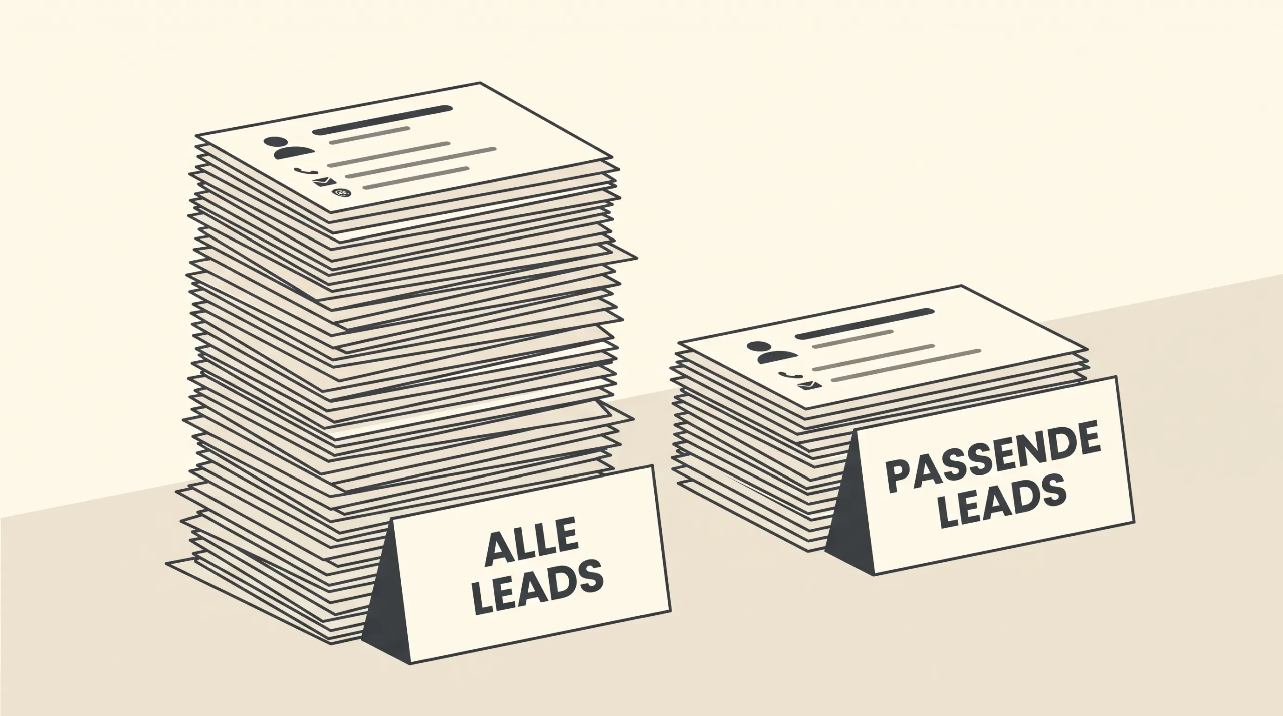 Twee stapels contactkaarten naast elkaar, een grote stapel ‘Alle leads’ en een kleinere stapel ‘Passende leads’, als verschil tussen volume en kwaliteit.