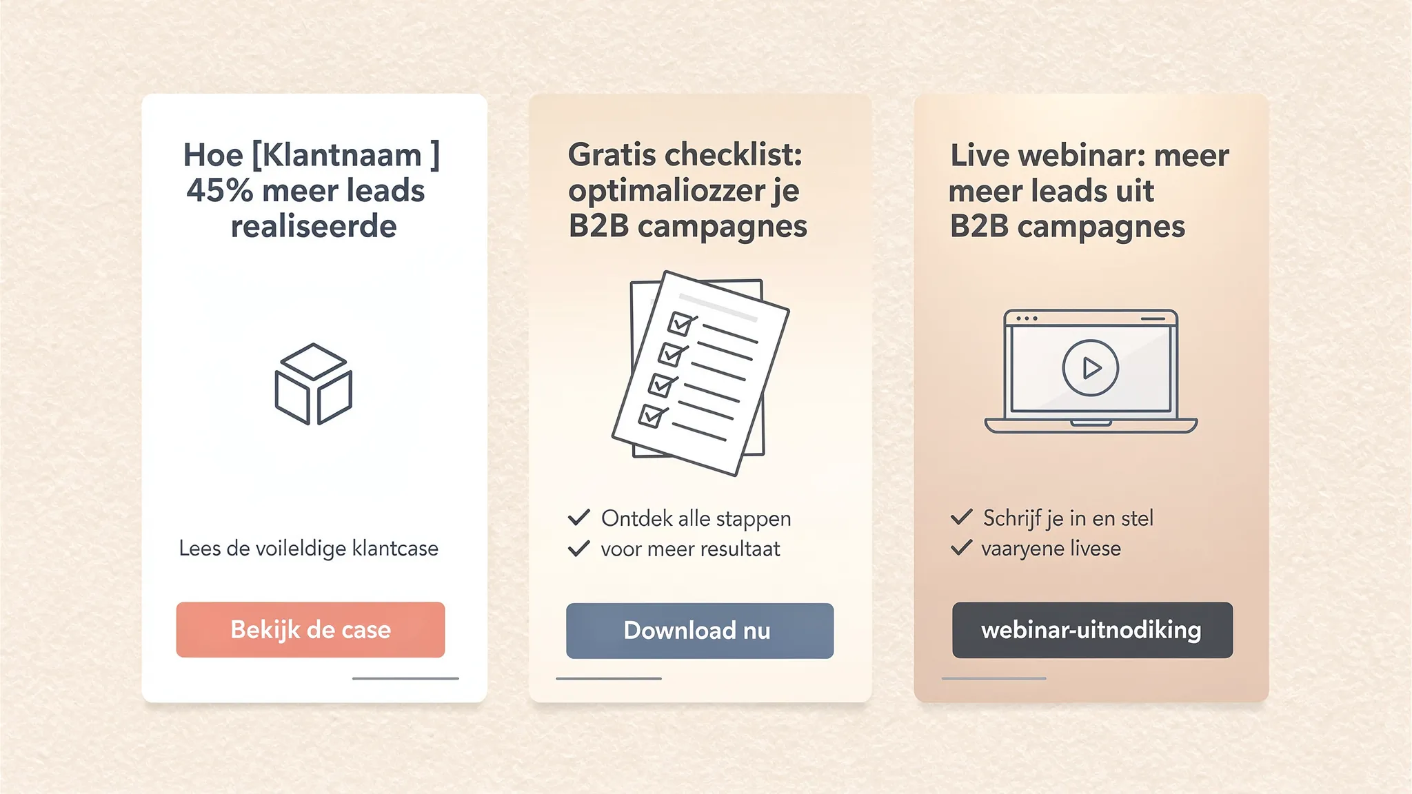 Voorbeeld van drie B2B display banners naast elkaar: een case-banner met klantlogo, een checklist-download advertentie en een webinar-uitnodiging, elk met duidelijke headline en korte CTA.